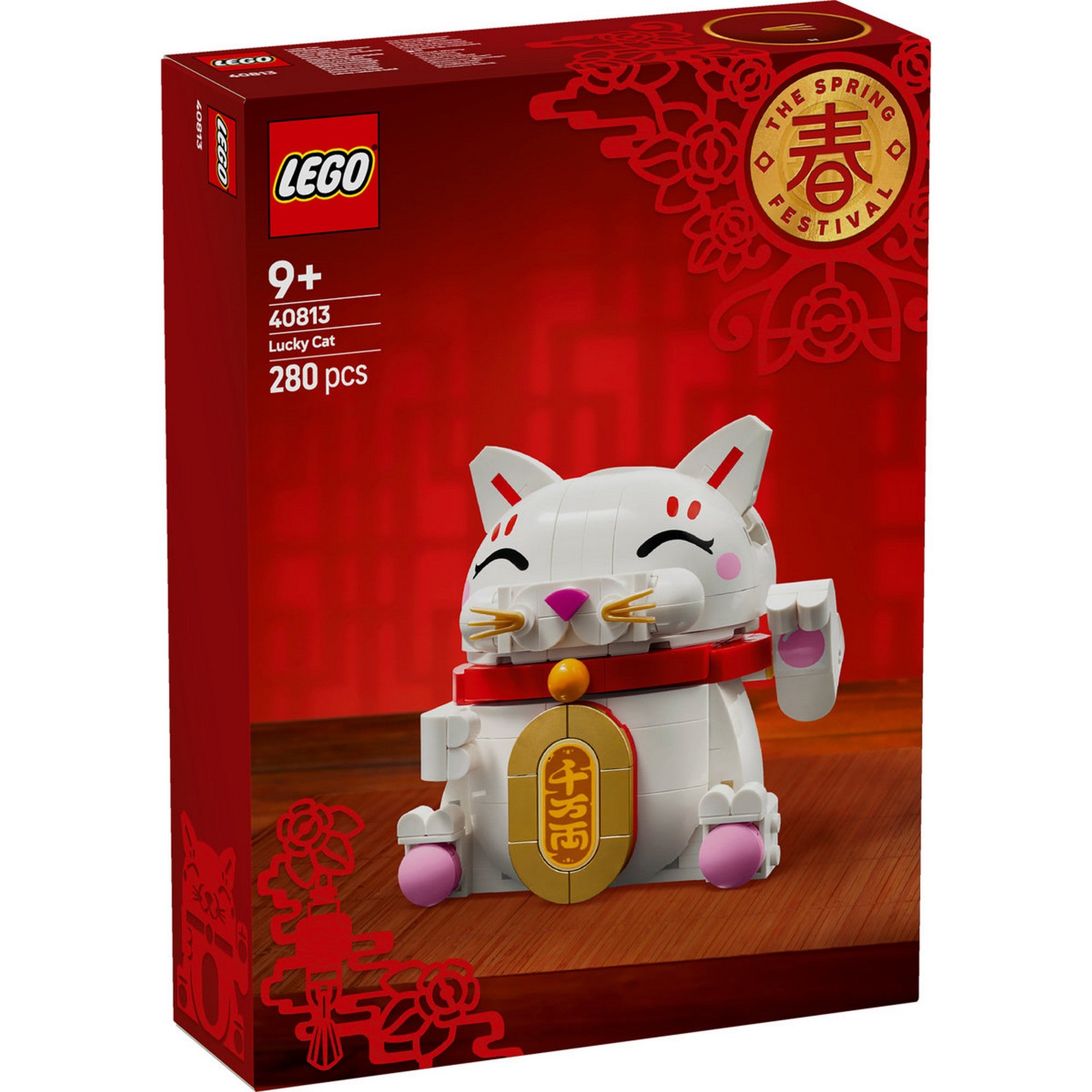 LEGO Lucky Cat (40813) – a készlet dobozának elölnézete, piros Spring Festival dizájnnal.