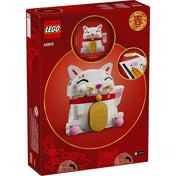 LEGO Lucky Cat (40813) – a doboz hátoldala, a szerencsemacska méretének és funkcióinak bemutatásával.