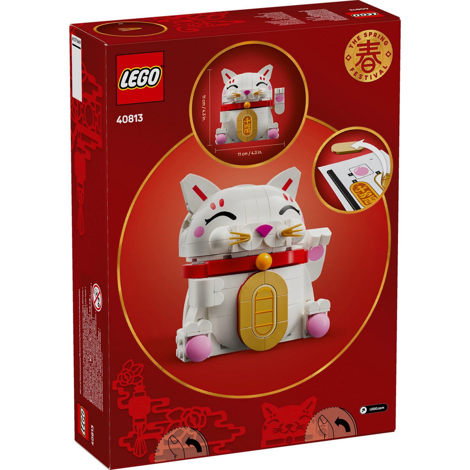 LEGO Lucky Cat (40813) – a doboz hátoldala, a szerencsemacska méretének és funkcióinak bemutatásával.