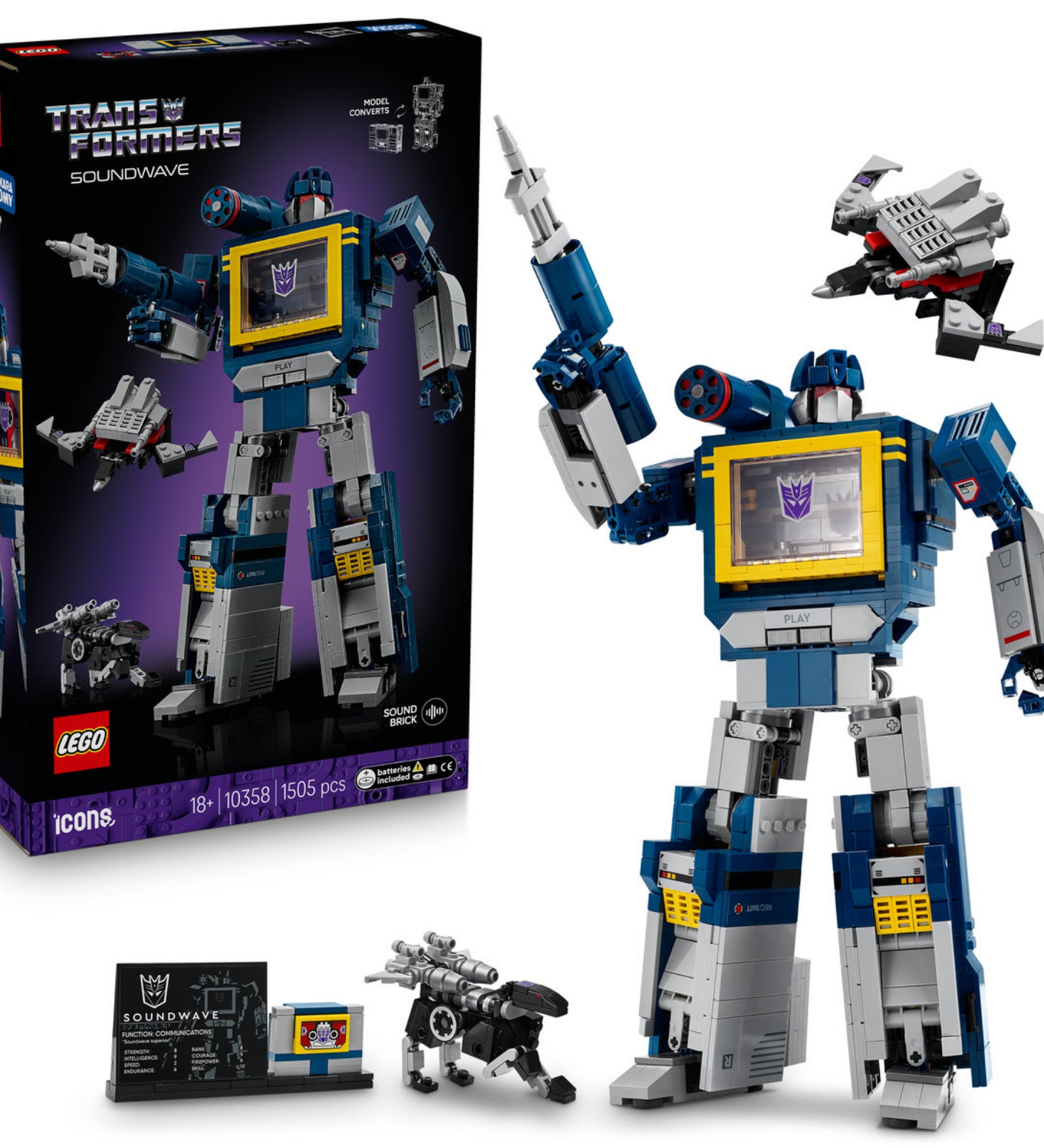 A LEGO Icons Transformers Fülelő (10358) készlet a dobozzal együtt látható, a robot teljes felszerelésével és az apró mellékfigurákkal, modern háttérben.