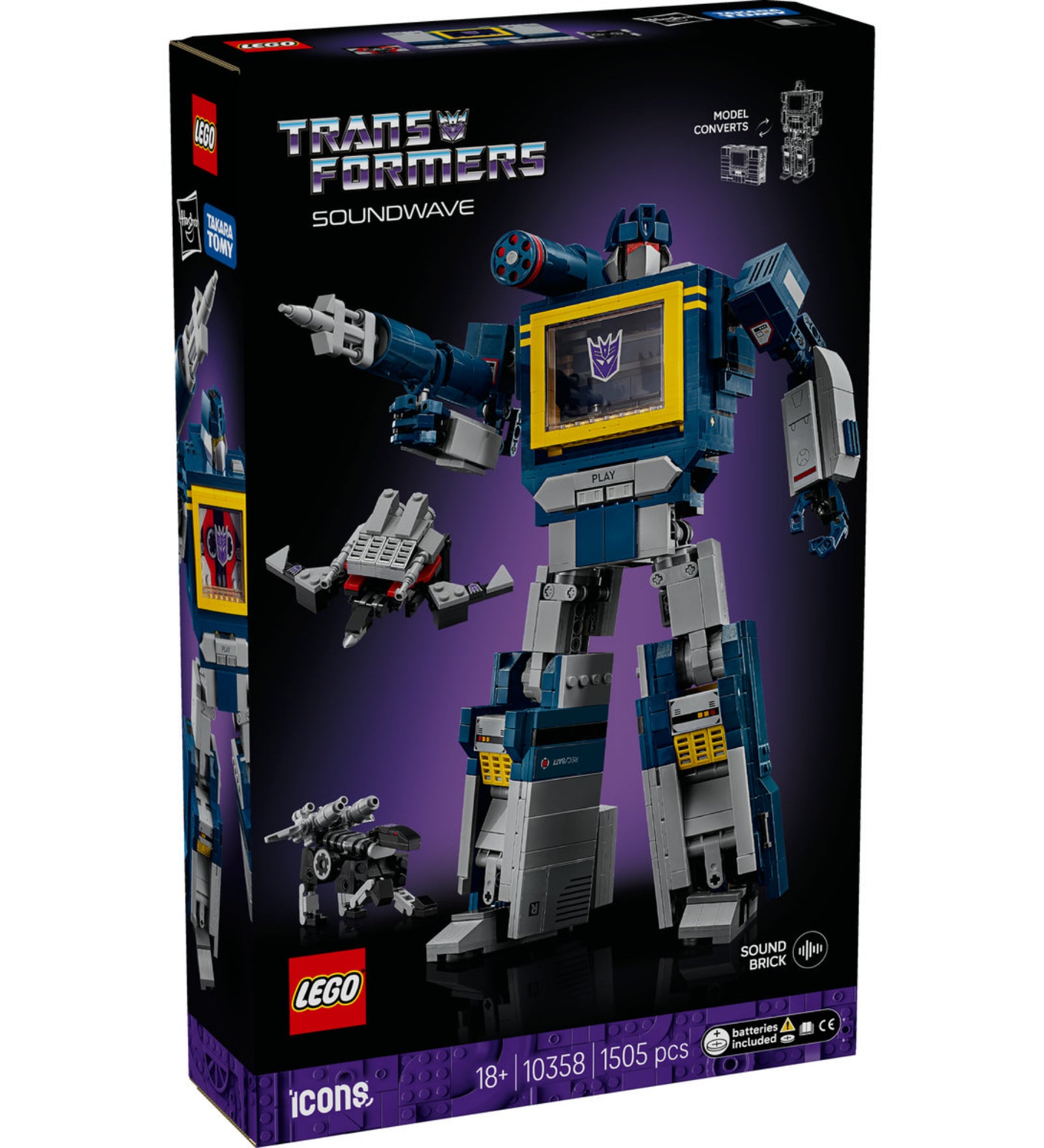 A LEGO Icons Transformers Fülelő (10358) doboza, amelyen a részletes robotmodell, a Soundwave látható lila háttérrel és a Transformers logóval.