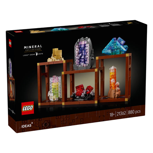 A LEGO Ideas: Mineral Collection (21362) doboz előlapja, amelyen a készlet lenyűgöző kristálymodelljei láthatók barna polcrendszerben, felnőtteknek ajánlott, prémium dizájnnal.