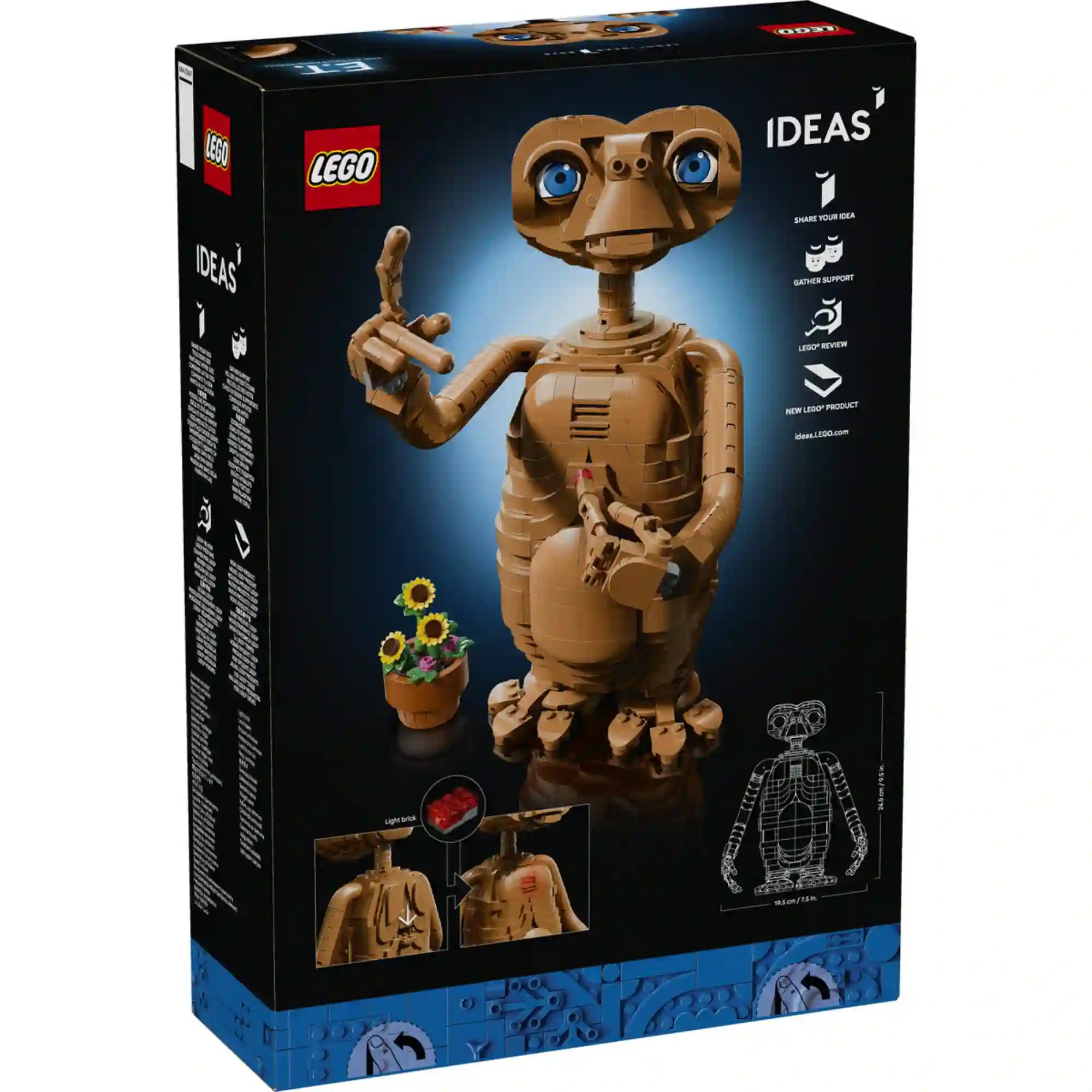 A LEGO Ideas E.T. – A földönkívüli 21370 készlet dobozának hátoldala, amely bemutatja a világító mellkast és a mozgatható modell funkcióit.