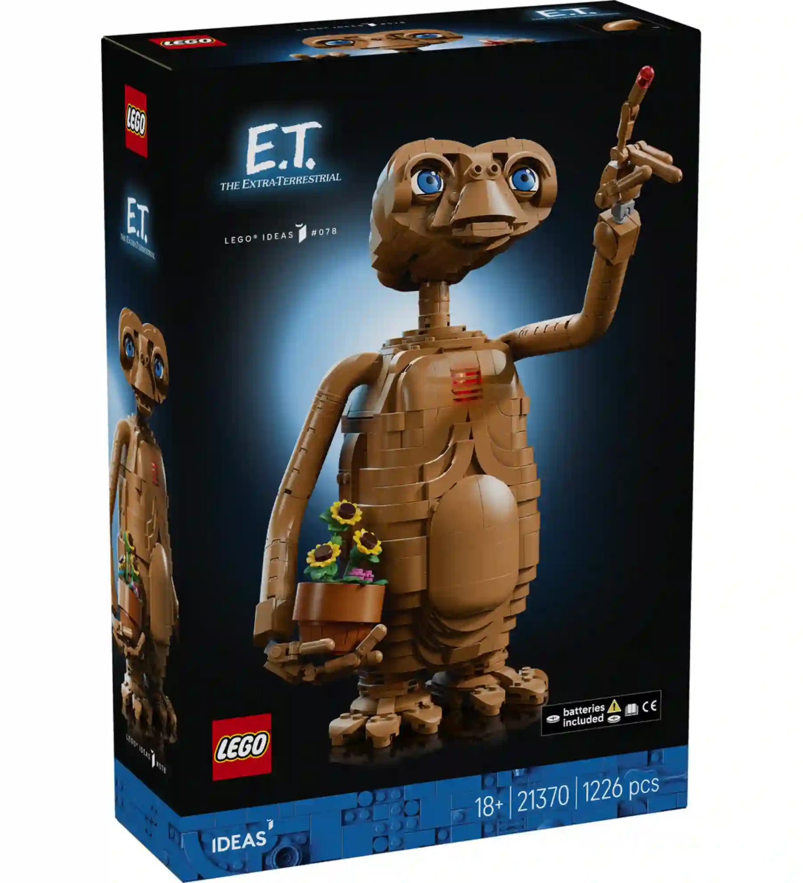 A LEGO Ideas E.T. – A földönkívüli 21370 készlet dobozának eleje a világító ujjú E.T. figurával.