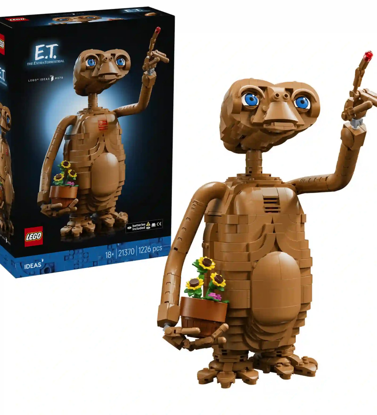 A LEGO Ideas E.T. – A földönkívüli 21370 készlet doboza a megépített E.T. modellel.