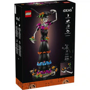 A LEGO Ideas La Catrina 21372 készlet dobozának hátoldala, amely bemutatja a mozgatható karokat és a kivehető virágot.