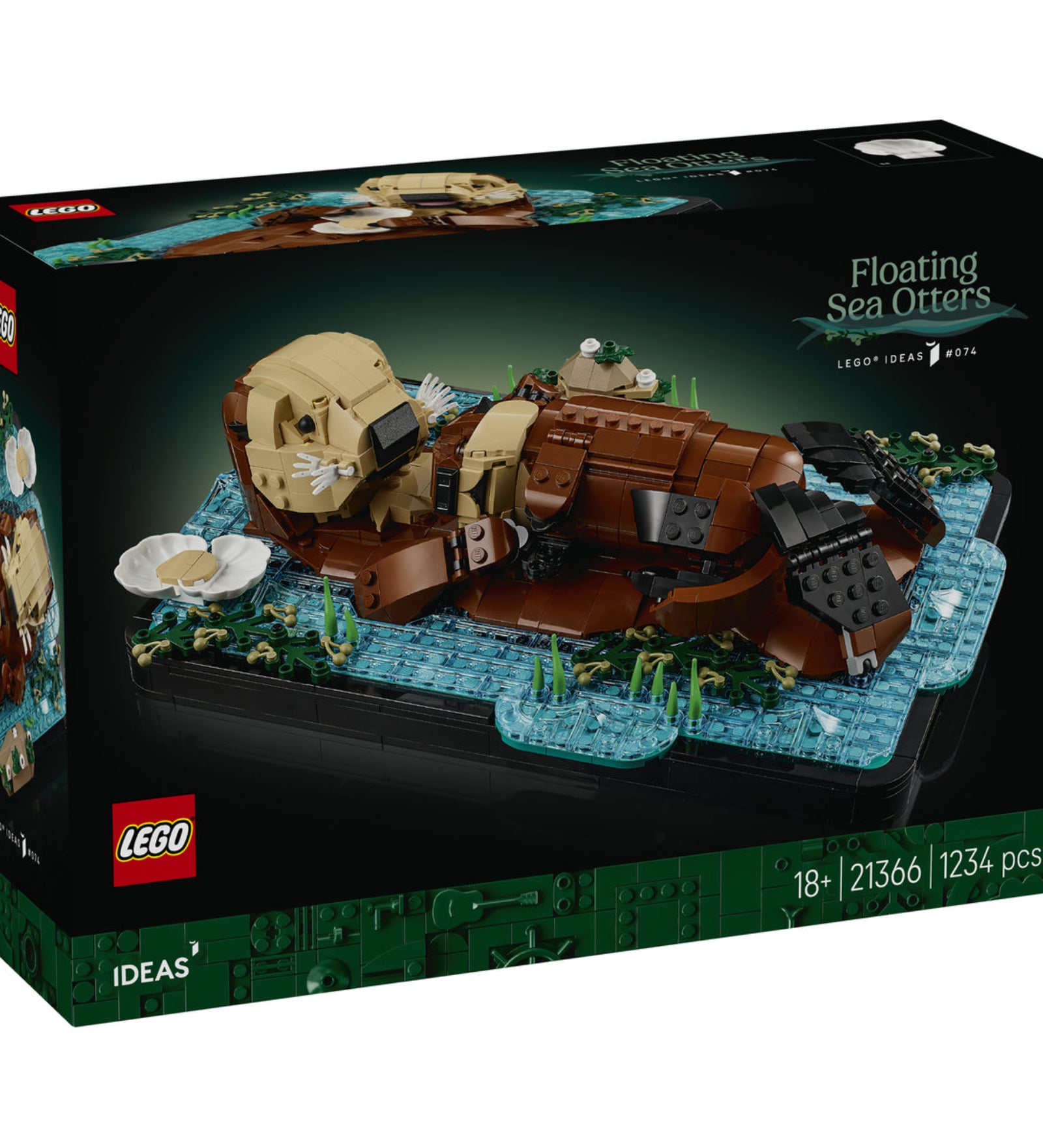 LEGO Ideas Floating Sea Otters 21366 készlet dobozának eleje a lebegő tengeri vidra LEGO modell képével.