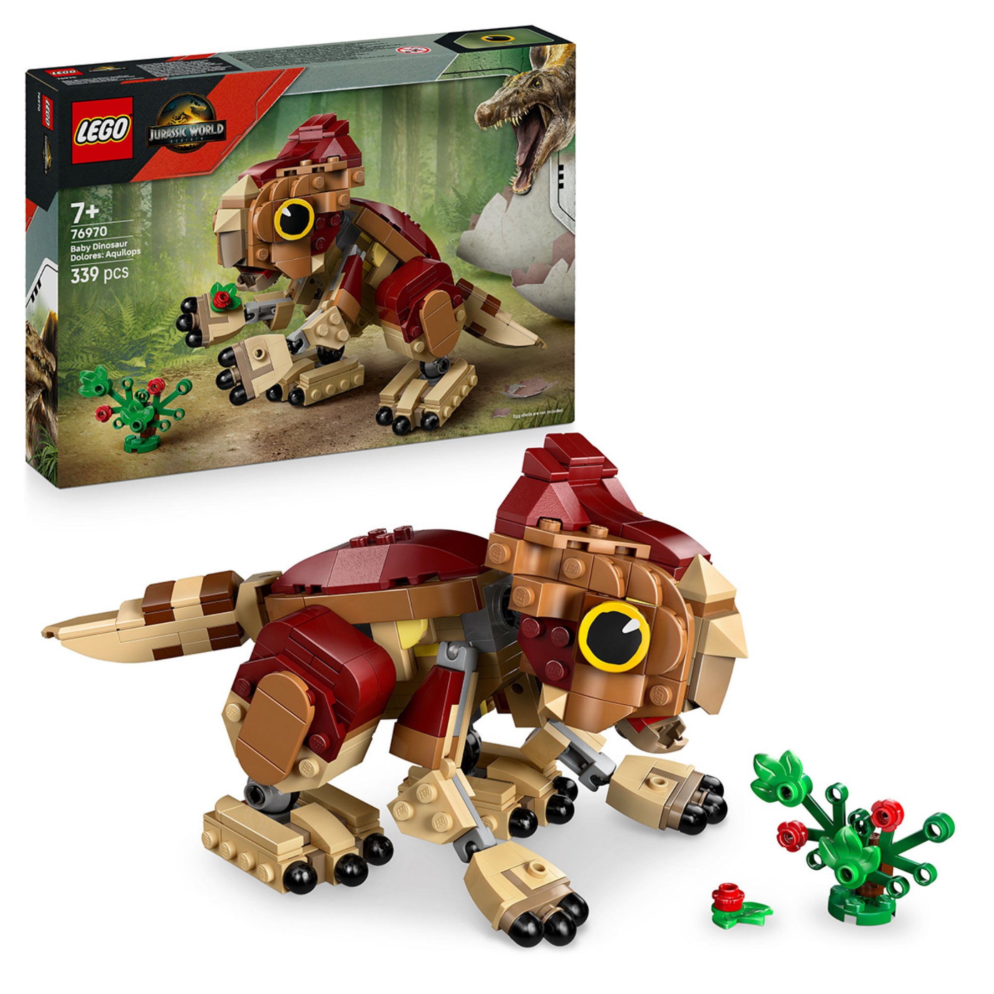 A LEGO Jurassic World Baby Dinosaur Dolores: Aqiulops (76970) doboza és a készlet teljes tartalma – a részletesen megépített fiatal dinoszaurusz és a kis növény.