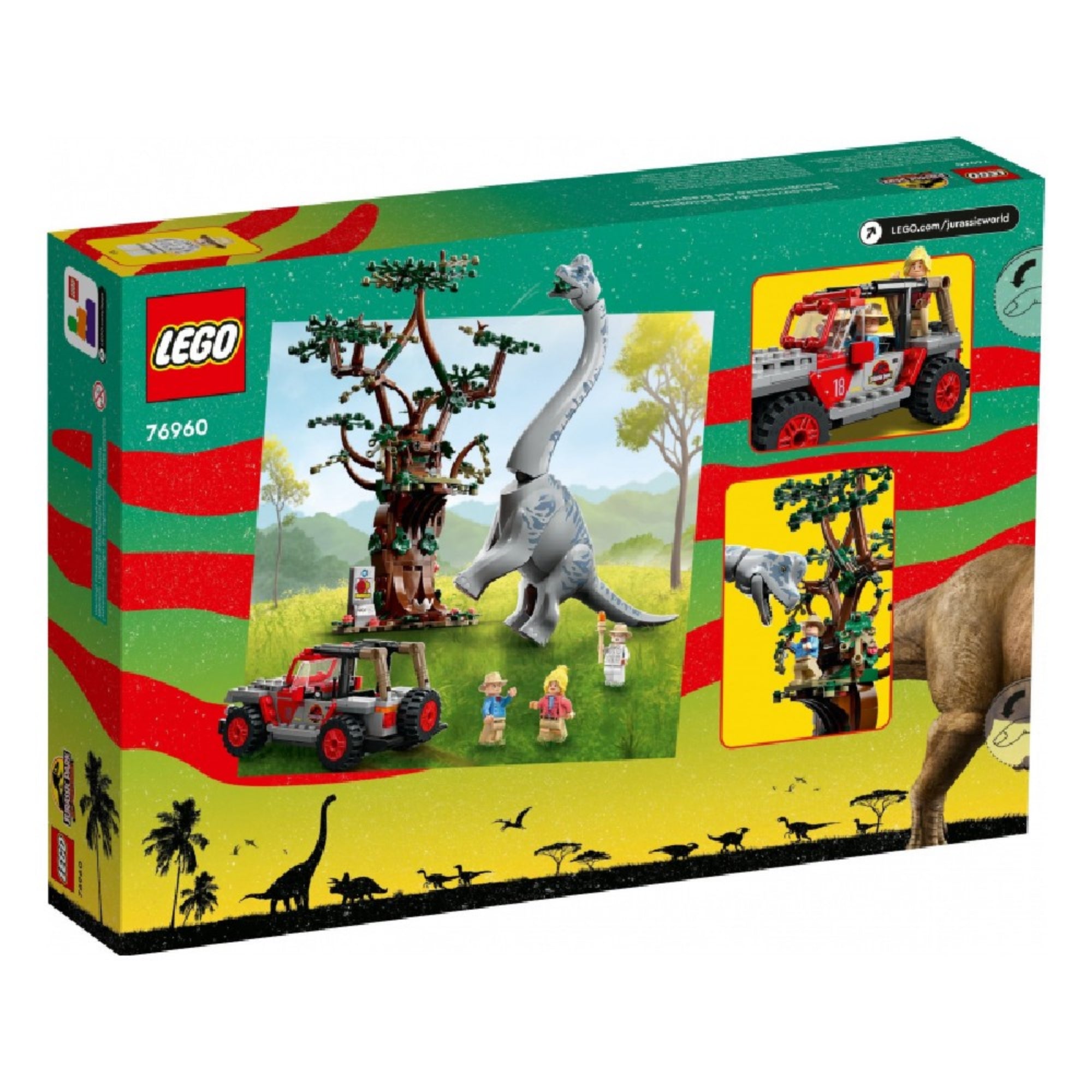A 76960-as készlet dobozának hátoldala, amely különböző jeleneteket mutat be: a Brachiosaurus közelről, a terepjáró, a fa jelenet, valamint az építés közbeni és játékkal kapcsolatos funkciók.