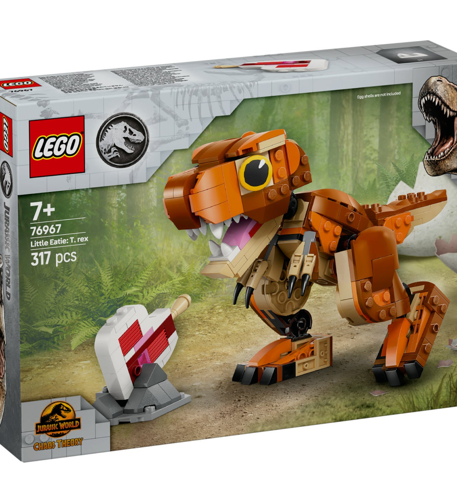 LEGO Jurassic World Little Eatie: T. rex (76967) doboza, amely egy építhető, mozgatható T. rex figurát ábrázol. A készlet 317 darabból áll, és egy húsos csontot is tartalmaz.