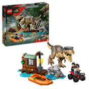 A LEGO Jurassic World T. rex River Escape (76975) doboza és a teljes készlet együtt – T. rex figura, menedékház, gumicsónak, quad és minifigurák a dzsungel közepén.
