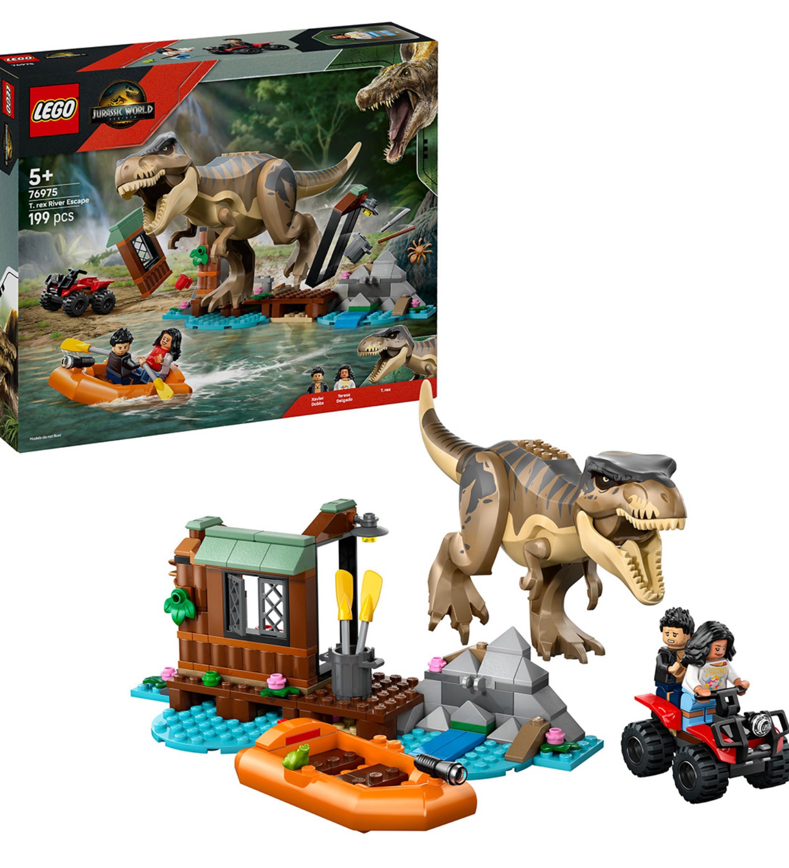 A LEGO Jurassic World T. rex River Escape (76975) doboza és a teljes készlet együtt – T. rex figura, menedékház, gumicsónak, quad és minifigurák a dzsungel közepén.