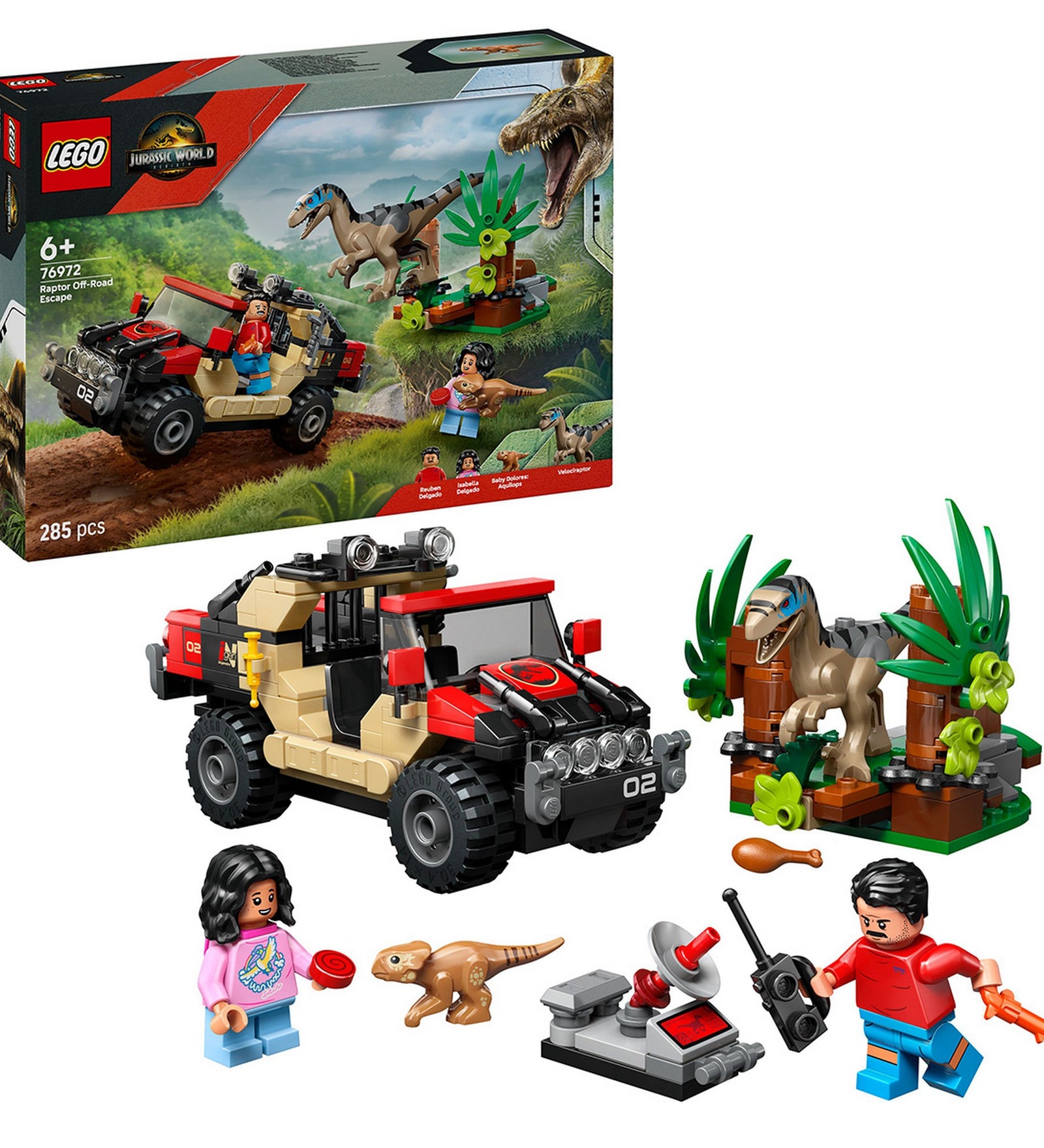 „A LEGO Jurassic World – Raptor Off-Road Escape (76972) készlet elemei: piros-bézs terepjáró, raptor ketrec növényekkel, két minifigura és kis dinoszaurusz figura.”