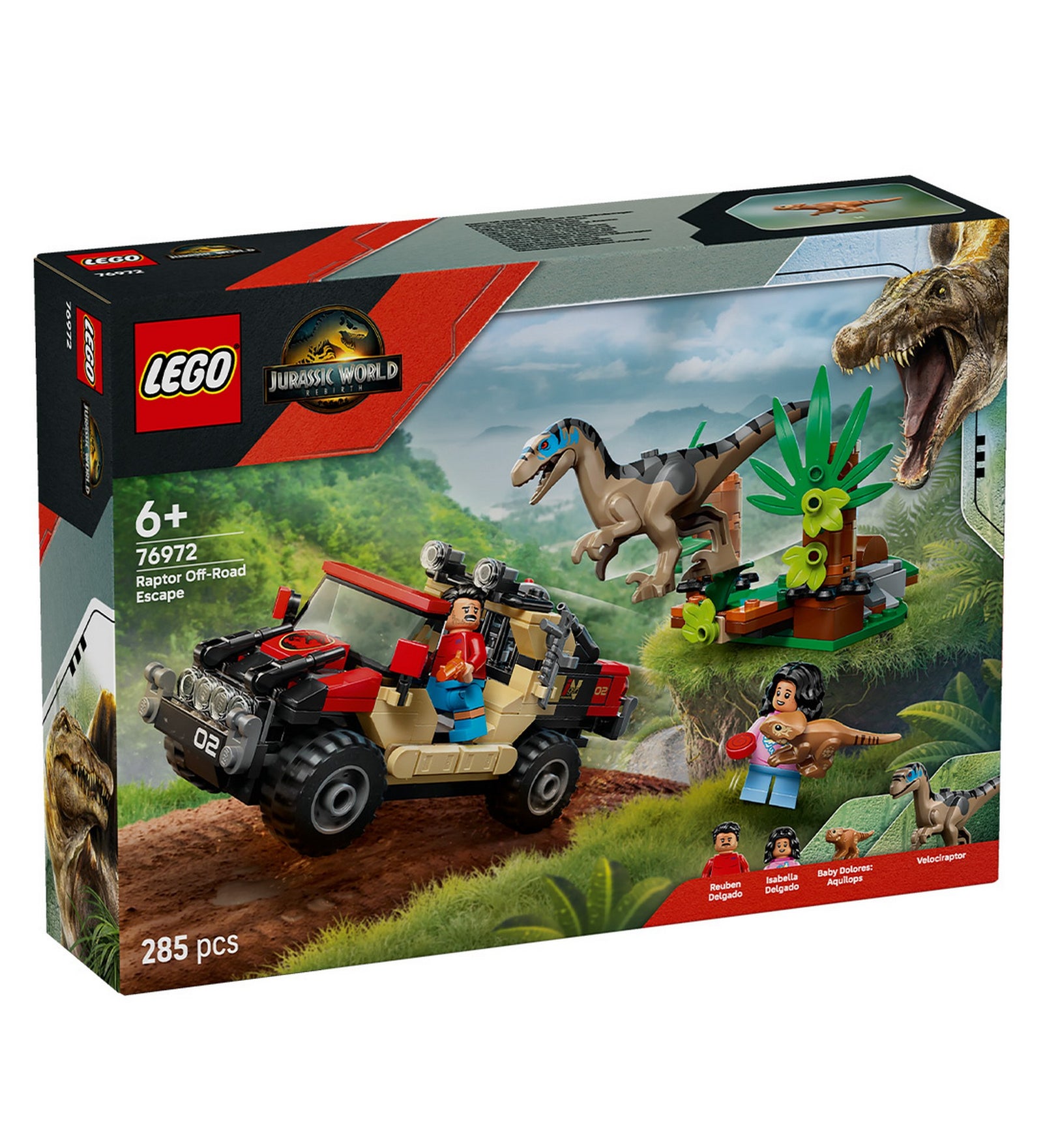 „LEGO Jurassic World – Raptor Off-Road Escape (76972) doboz előlapja: terepjáróval menekülő minifigurák, üldöző raptor és dzsungel háttér.”