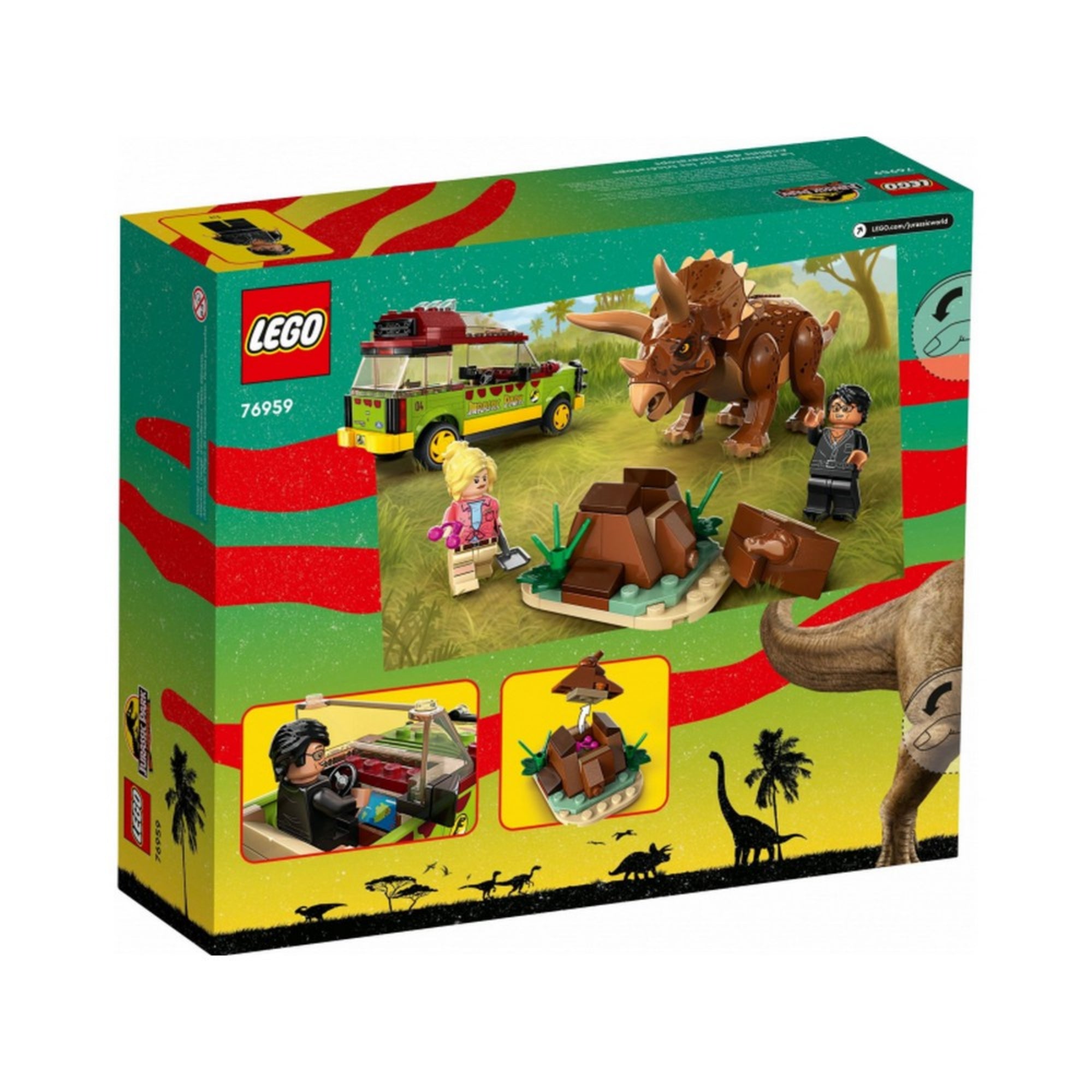 A LEGO Jurassic World 76959 doboz hátoldala, játékfunkciókkal: felnyitható pótkocsi, levehető tető, gyümölcsöt evő triceratopsz, és jelenet Ellie és Malcolm karakterekkel.
