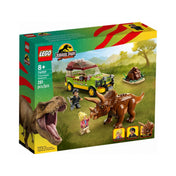 A LEGO Jurassic World 76959 Triceratops kutatás készlet dobozának előlapja, rajta a triceratopsz, a jármű és a két karakter: Dr. Ellie Sattler és Ian Malcolm, Jurassic World logóval.