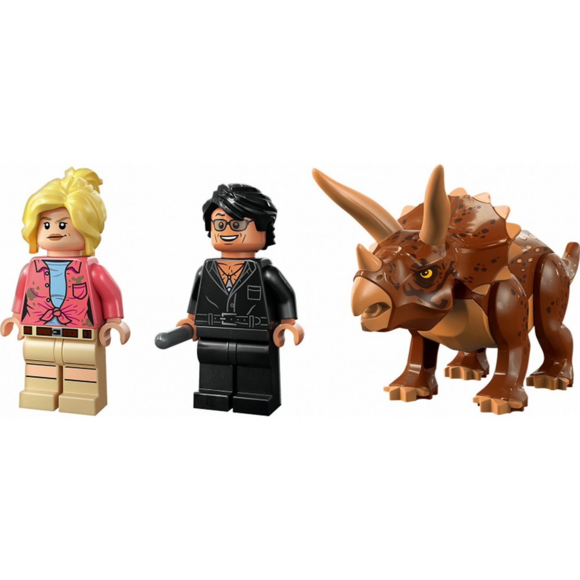 A LEGO 76959 készlethez tartozó minifigurák – Ellie Sattler és Ian Malcolm – kiegészítőkkel: rádió, térkép, seprű és gyümölcsök, a háttérben a triceratopsz figura.