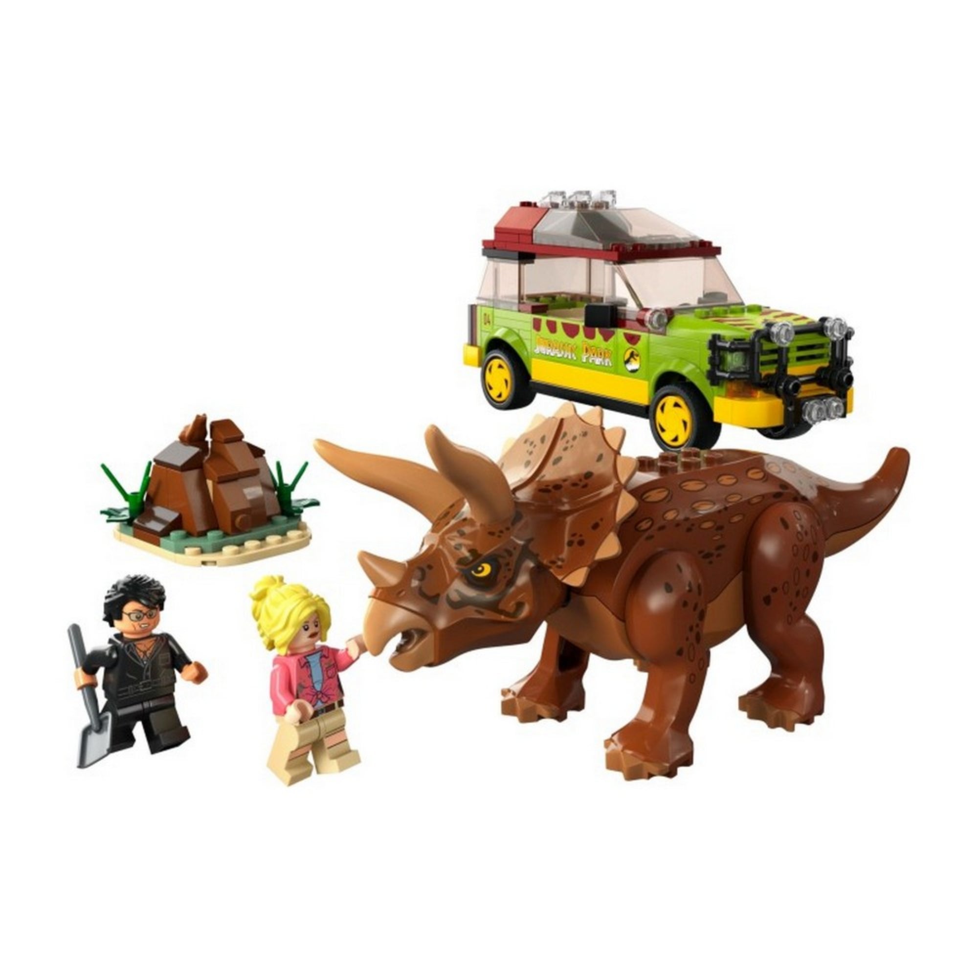 A LEGO Jurassic World Triceratops kutatás (76959) teljes készlete: triceratopsz figura, dzsipes jármű, pótkocsi, kapuval ellátott építmény, gyümölcsök, ásó, seprű és két minifigura.