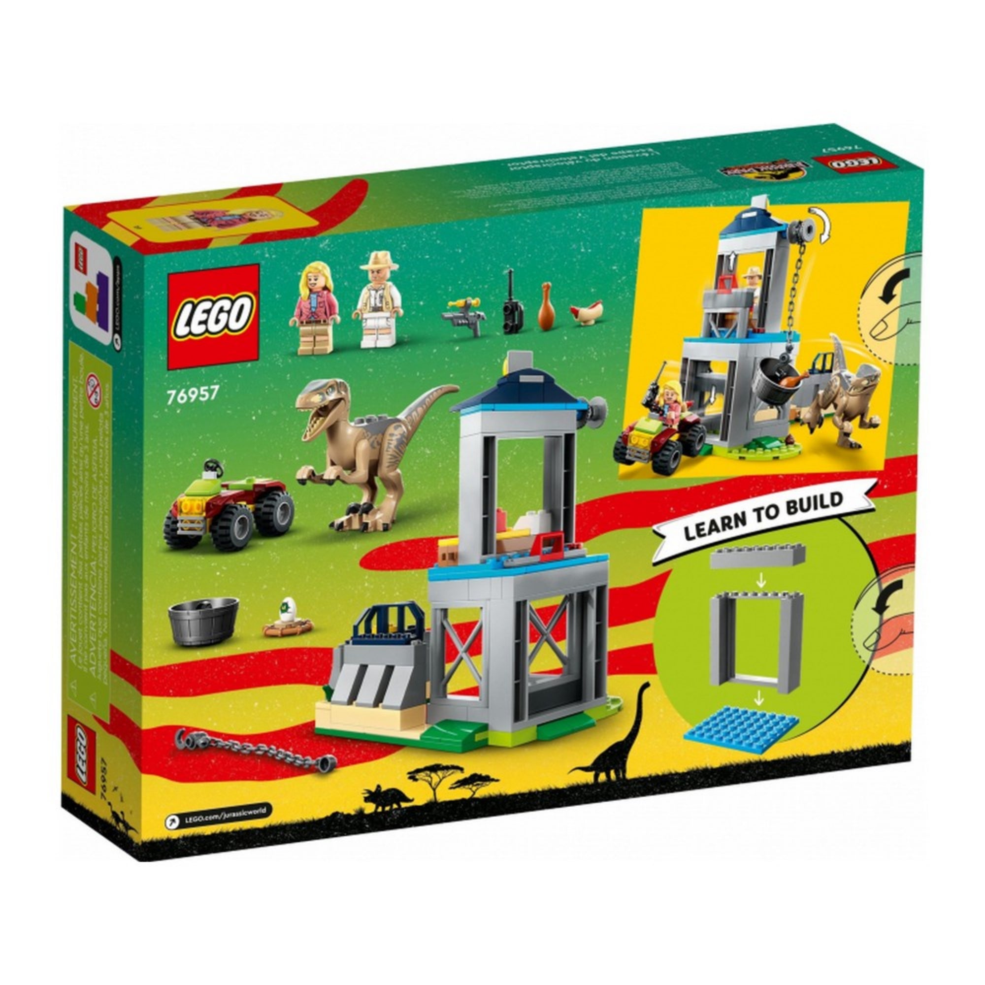 A LEGO Jurassic World Velociraptor szökés (76957) dobozának hátoldala, részletes jelenetfotókkal és játéklehetőségeket bemutató képekkel.