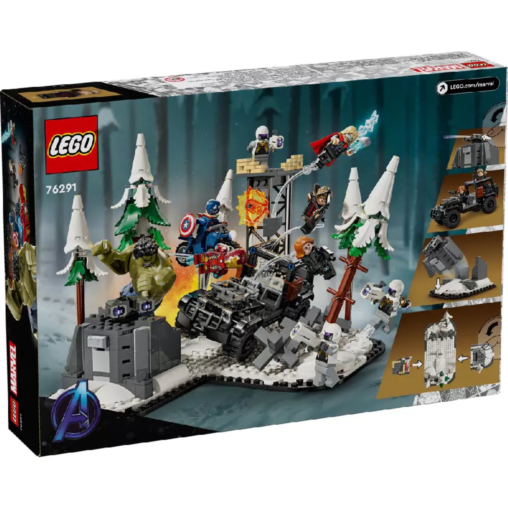 A LEGO Marvel 76291 készlet dobozának hátoldala, amely bemutatja a játéklehetőségeket, a mozgatható járműveket, a robbanó funkciókat és a szereplők harci pozícióit a havas terepen.