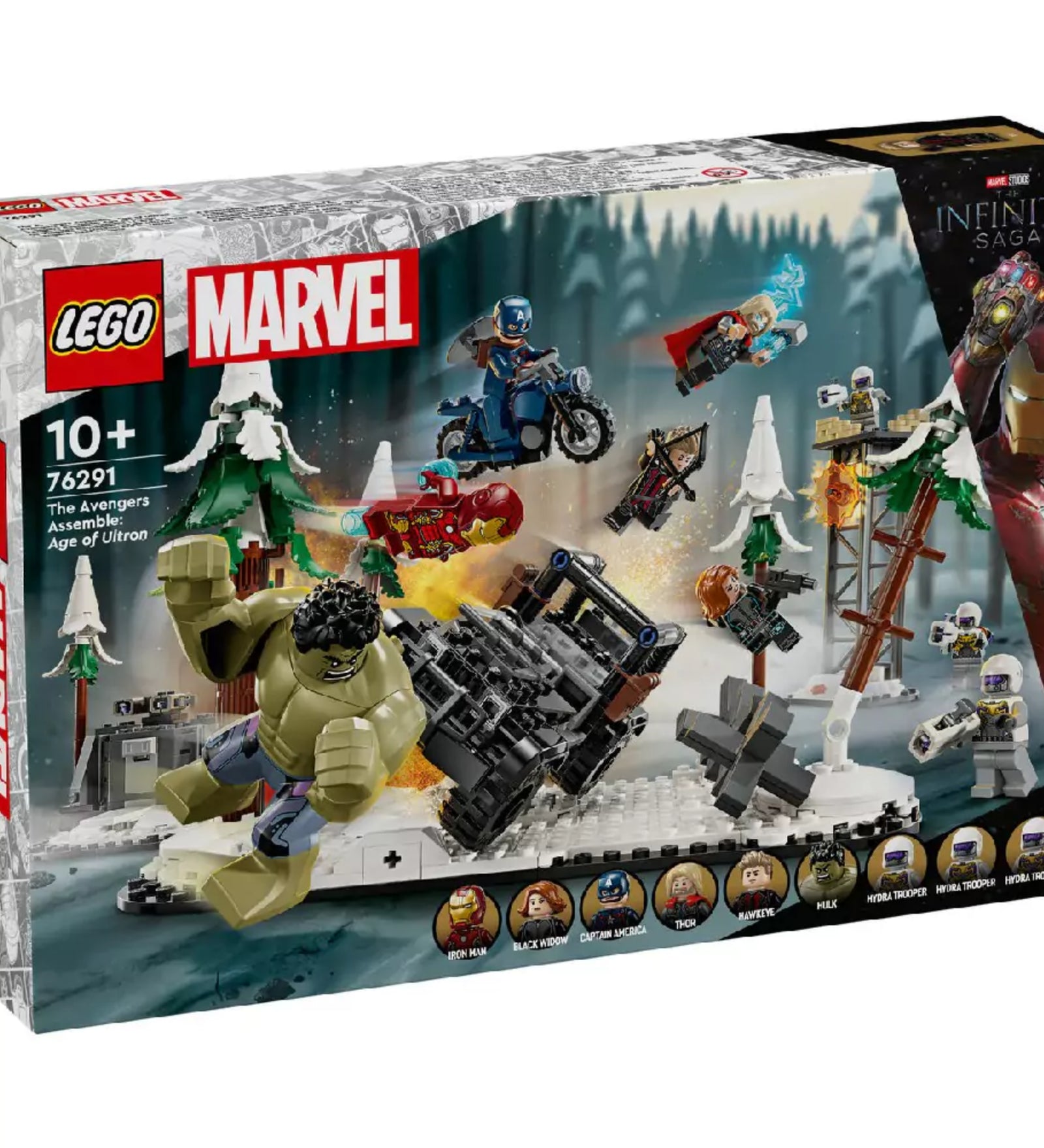 A LEGO Marvel A Bosszúállók csapata: Ultron kora (76291) készlet elülső doboznézete, a karakterek képeivel alul, látványos csatajelenettel a havas erdőben.