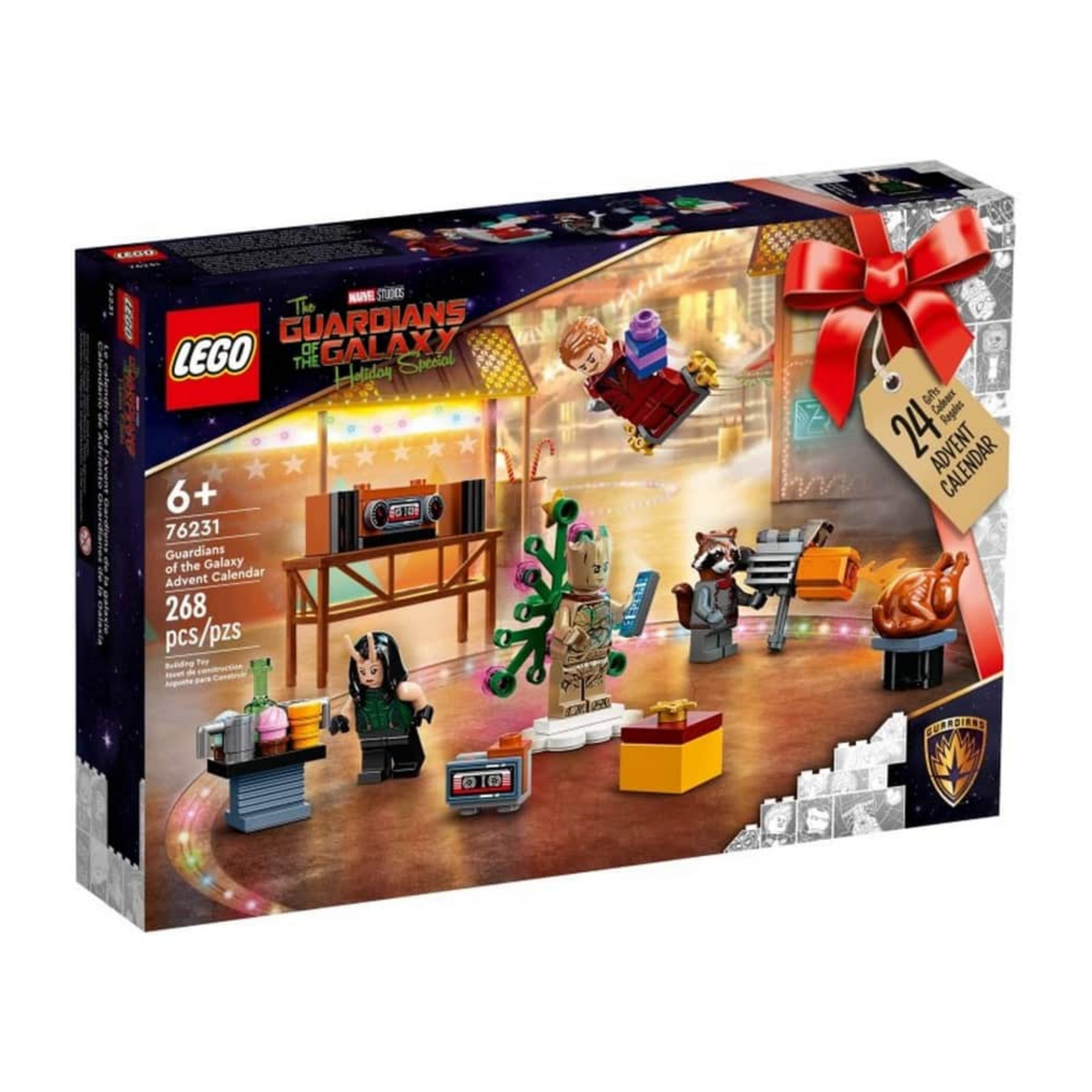 A LEGO Marvel A galaxis őrzői Adventi naptár (76231) díszdoboza karácsonyi hangulatban, a háttérben a szett néhány figurája és kiegészítője látható, 268 darabbal.