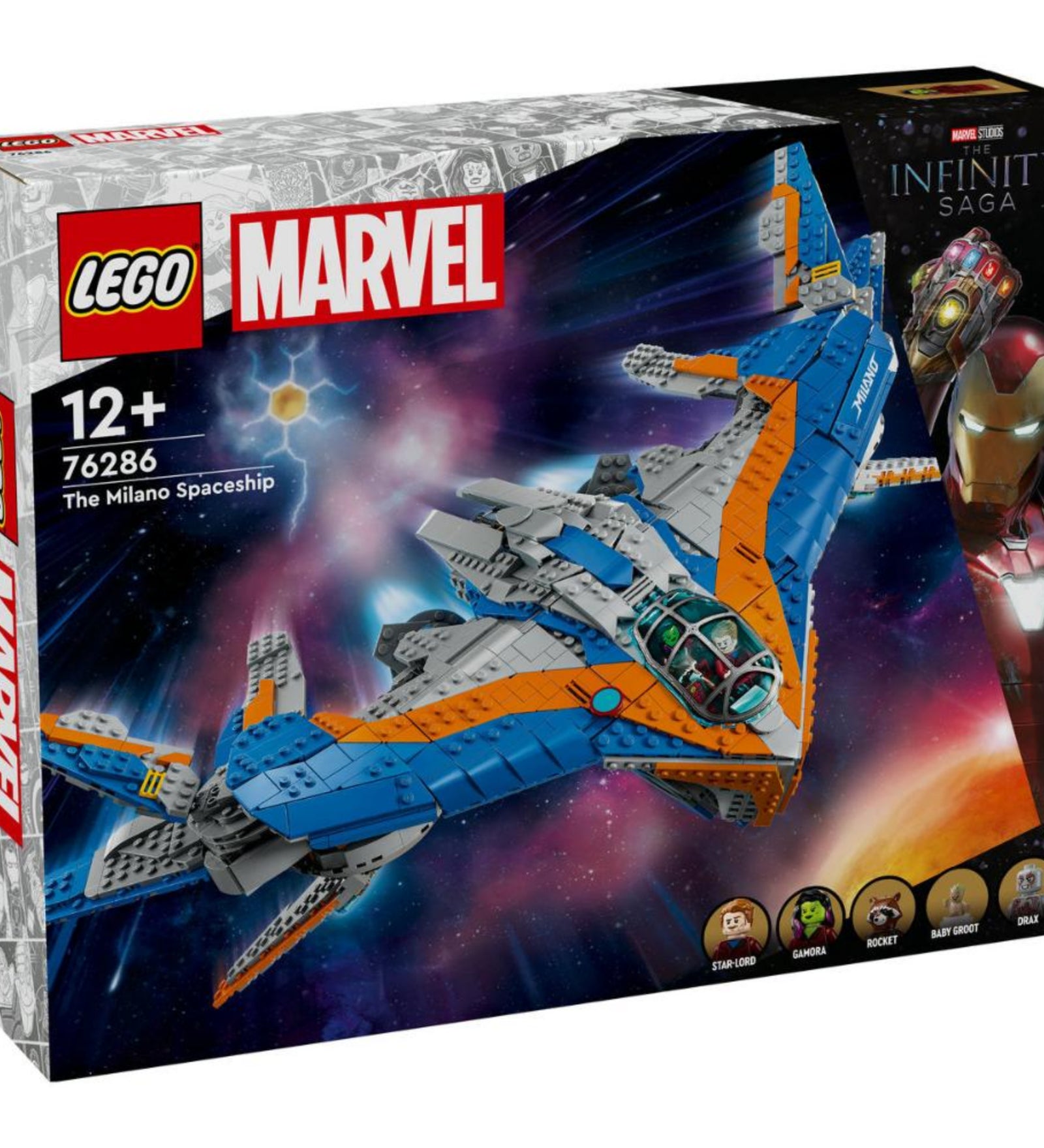 A LEGO Marvel A galaxis őrzői – Milano (76286) doboza elölnézetből, rajta az űrhajó akcióban, a Marvel Studios logóval és a fő minifigurákkal az alsó részen.