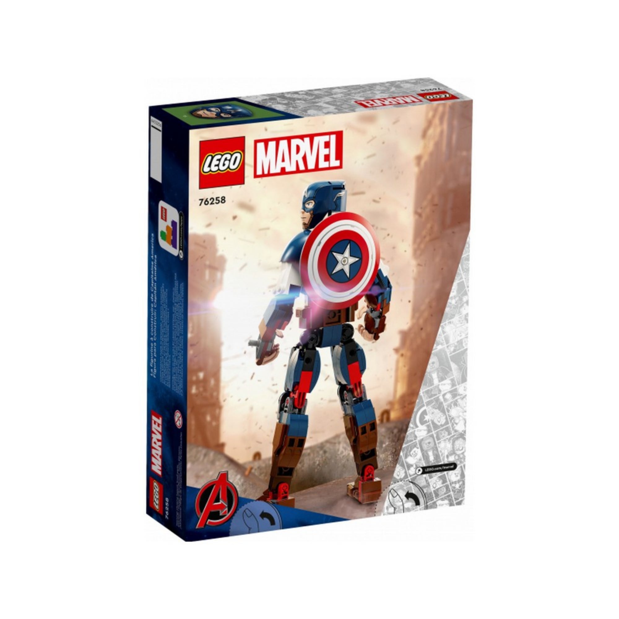 A LEGO Marvel Amerika Kapitány építőfigura 76258-as készlet dobozának hátoldala, amely bemutatja a figura méretarányát, mozgatható részeit és pózolási lehetőségeit.