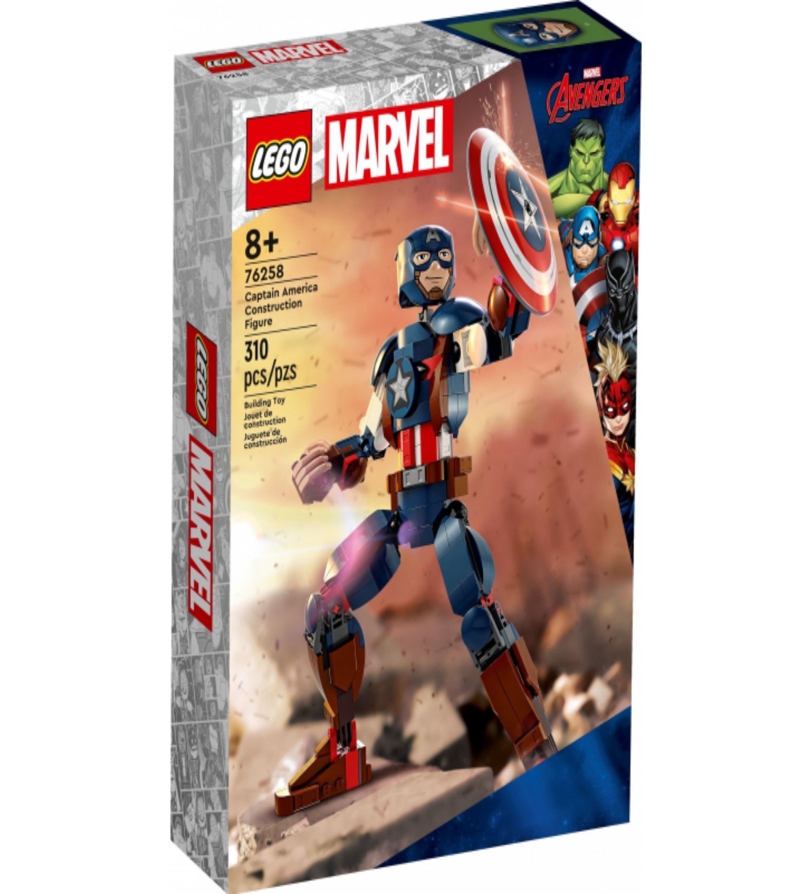 A LEGO Marvel Amerika Kapitány építőfigura (76258) doboza, amelyen a 310 elemből álló, pózolható figura dinamikus akcióhelyzetben látható, ikonikus piros-fehér-kék pajzzsal és részletgazdag kivitelezéssel, 8 éves kortól ajánlva.