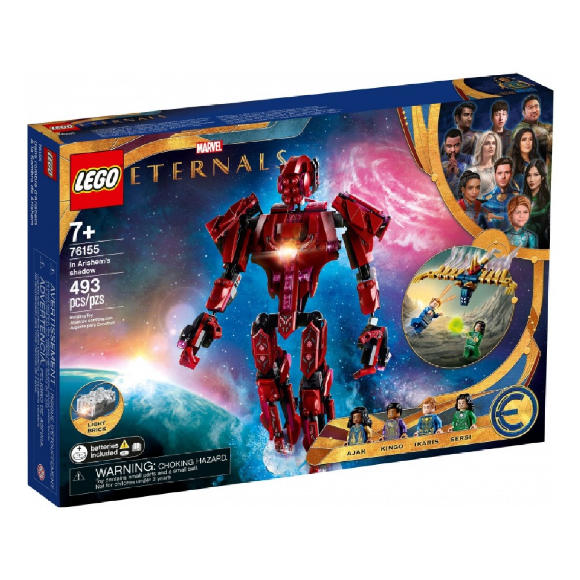 A LEGO Marvel 76155 szett dobozának előlapja, amelyen látványosan megjelenik Arishem az űr háttér előtt, alatta négy minifigura és egy Deviáns, a doboz jobb felső sarkában a LEGO és Marvel logókkal.