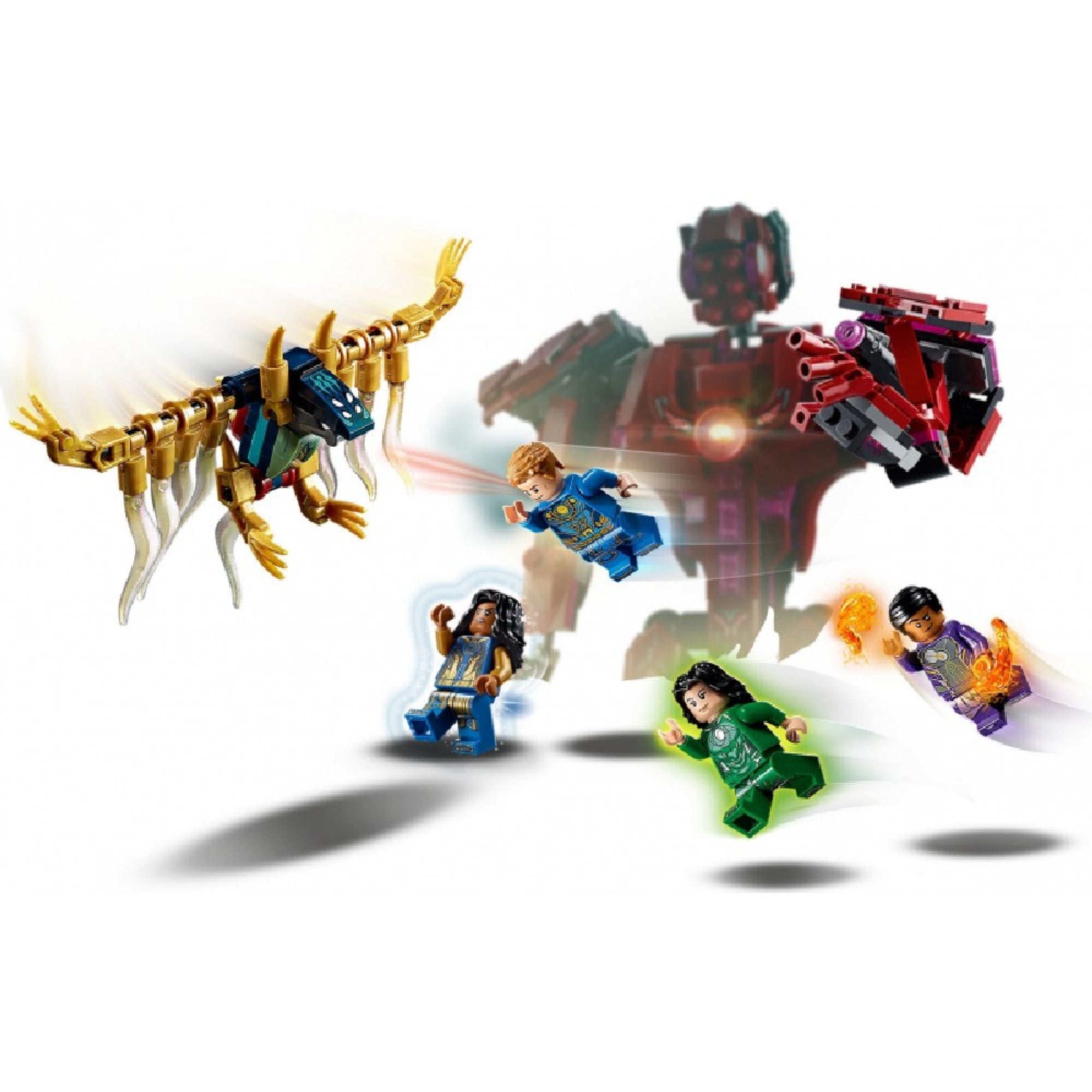 Dinamikus harci jelenet LEGO minifigurákkal és a Deviáns szörnnyel, miközben Arishem robotóriás felemeli karját, és a hősök különböző pozíciókban támadásra készen állnak.