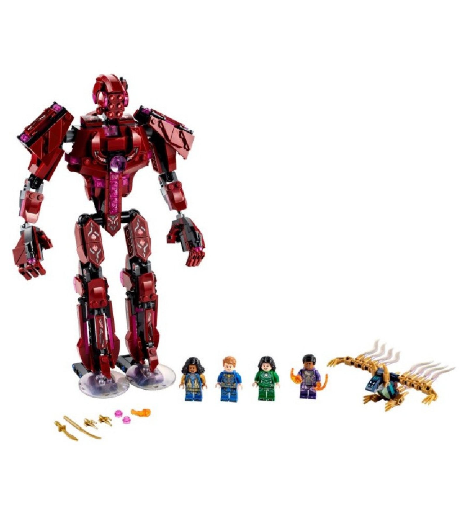 A LEGO Marvel Arishem árnyékában (76155) készlet teljesen összeépítve, középpontban a hatalmas, vörösen világító mellkasú Arishem robotfigurával, körülötte az Örökkévalók négy minifigurája és egy barna színű Deviáns szörny harci jelenetben.