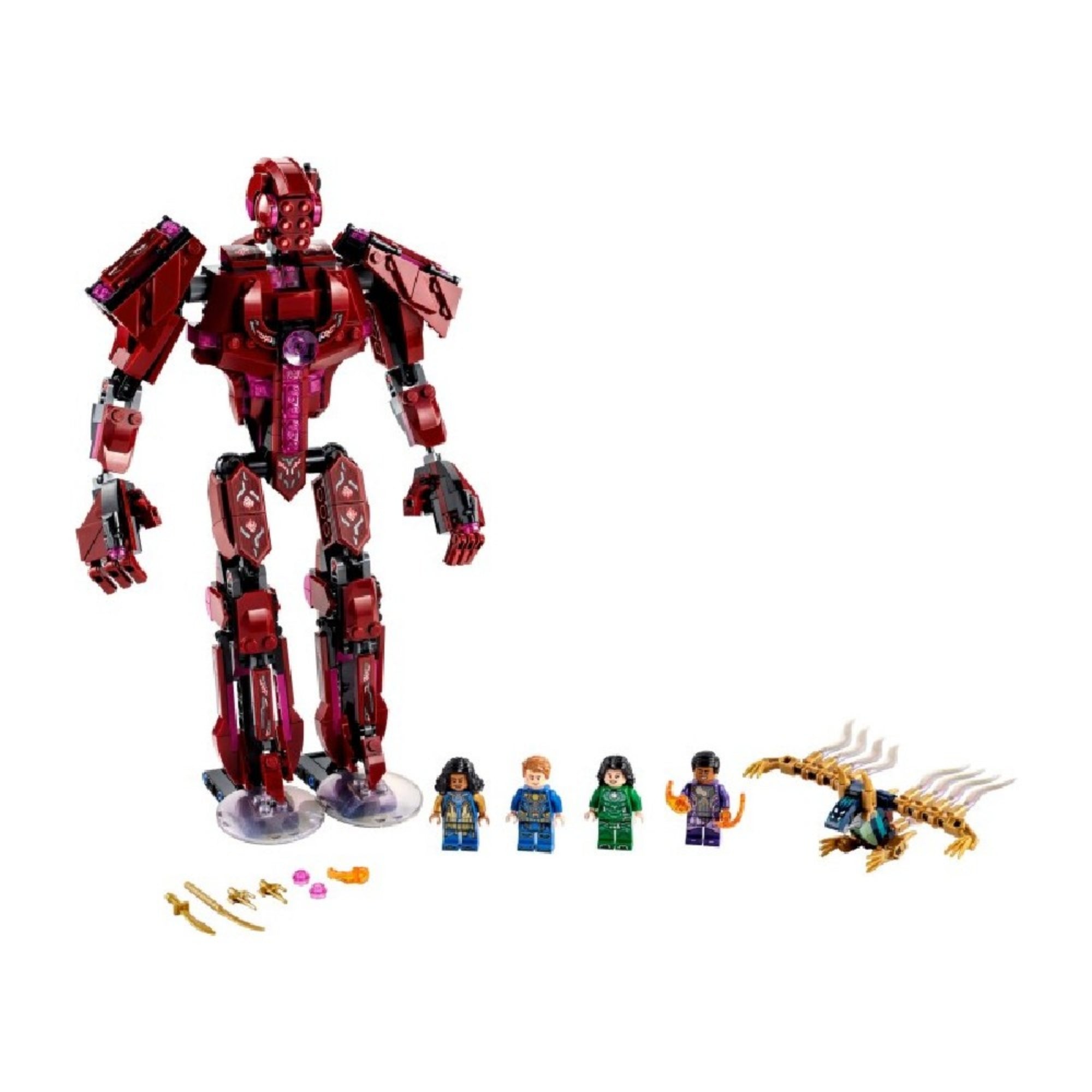 A LEGO Marvel Arishem árnyékában (76155) készlet teljesen összeépítve, középpontban a hatalmas, vörösen világító mellkasú Arishem robotfigurával, körülötte az Örökkévalók négy minifigurája és egy barna színű Deviáns szörny harci jelenetben.