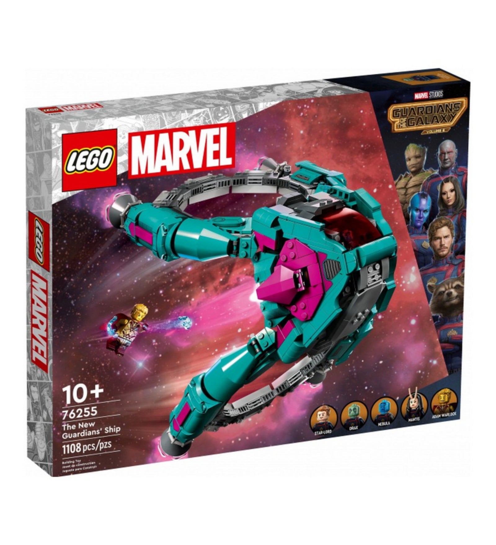 A LEGO Marvel Az új Őrzők hajója (76255) doboza, melyen az űrhajó repülés közben látható, a háttérben csillagokkal és akciójelenettel.