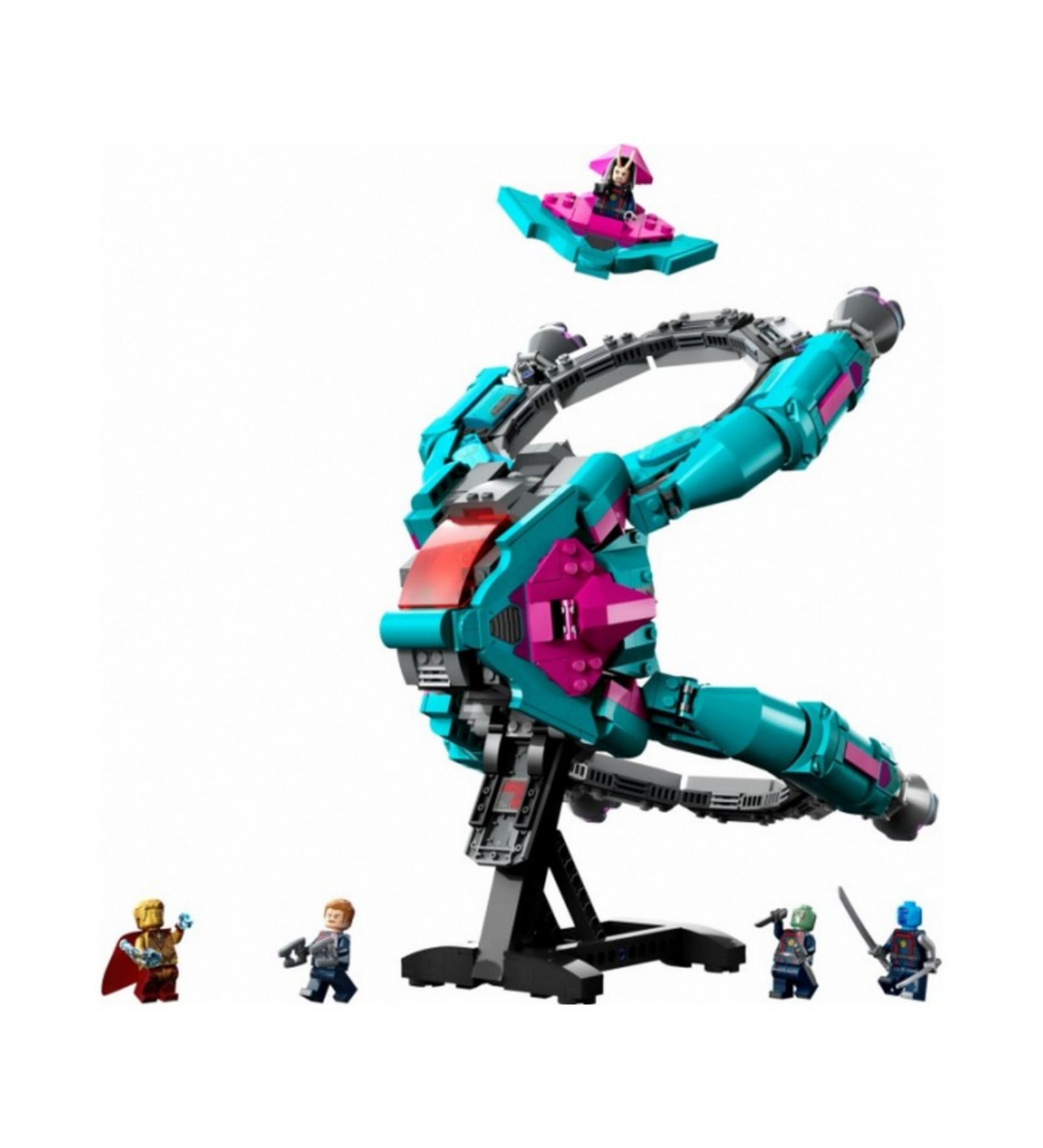 A LEGO Marvel Az új Őrzők hajója (76255) teljes készlete, benne a narancssárga űrhajó nyitható oldalakkal, hat minifigurával és megépíthető állvánnyal.