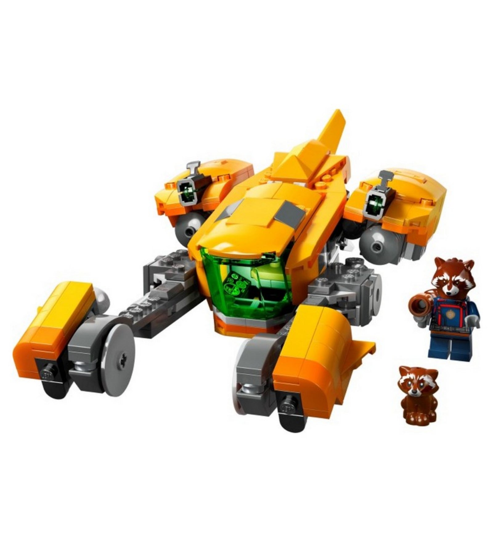 A LEGO Marvel Bébi Mordály hajója teljes készlet felépítve: az űrhajó nyitott pilótafülkével, a mellékelt Mordály minifigurával.