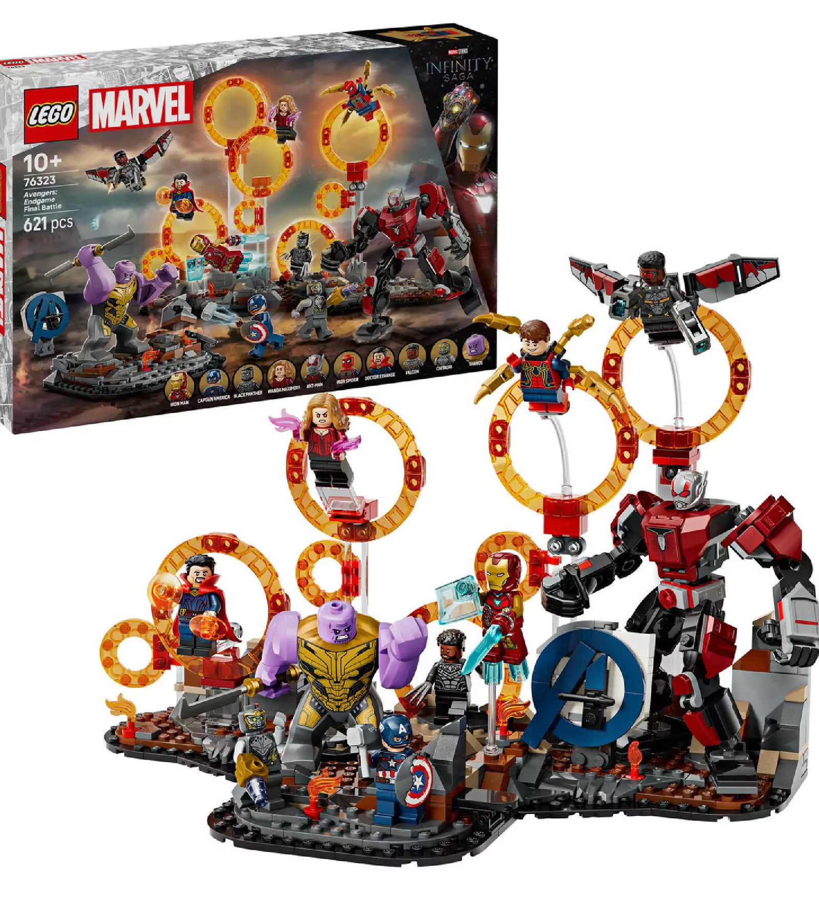 LEGO Marvel 76323 Avengers: Endgame – Végső csata szett felépítve, háttérben a dobozzal, Thanos, Vasember, Pókember, Skarlát Boszorkány és más hősök minifiguráival, narancssárga portálokkal és egy óriás robotpáncéllal.
