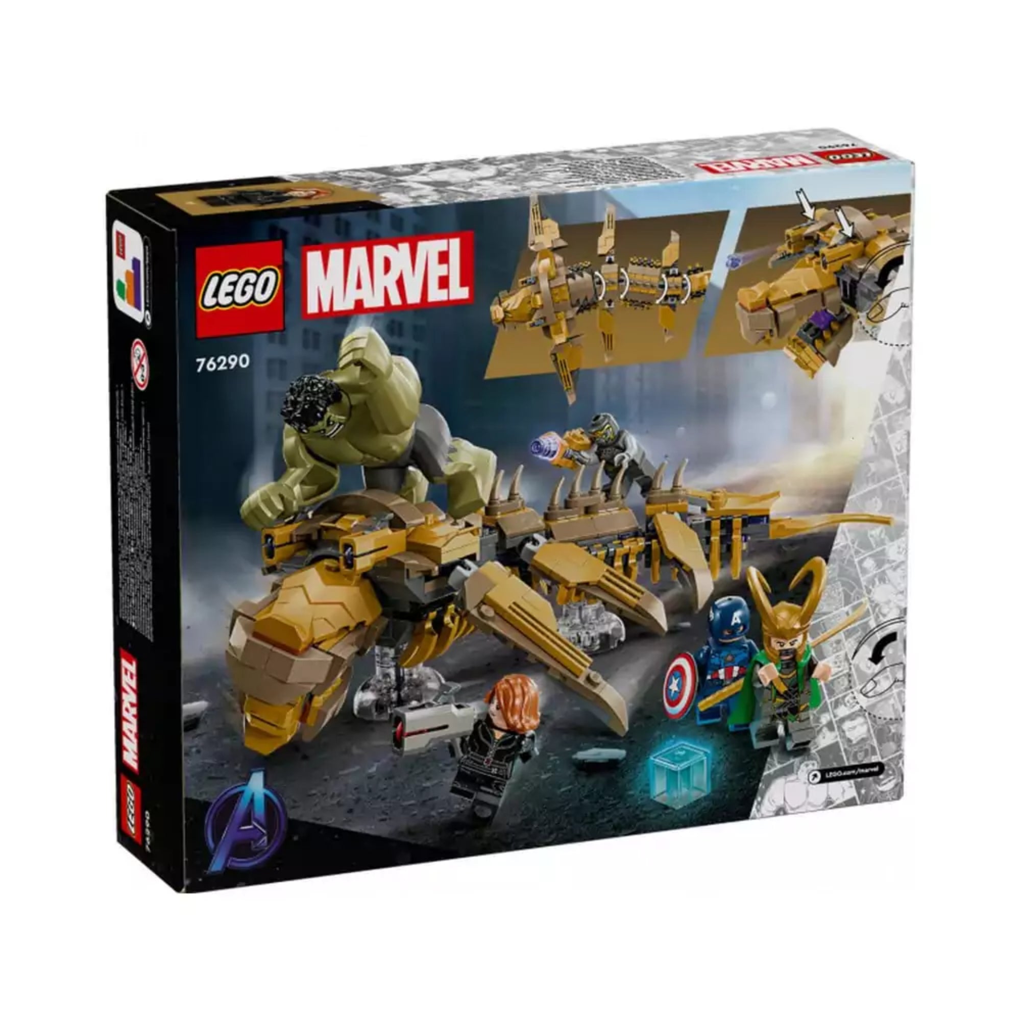 A LEGO Marvel Bosszúállók vs. Leviatán (76290) készlet dobozának hátoldala, amely bemutatja a Leviatán mozgatható részeit és a játéklehetőségeket.
