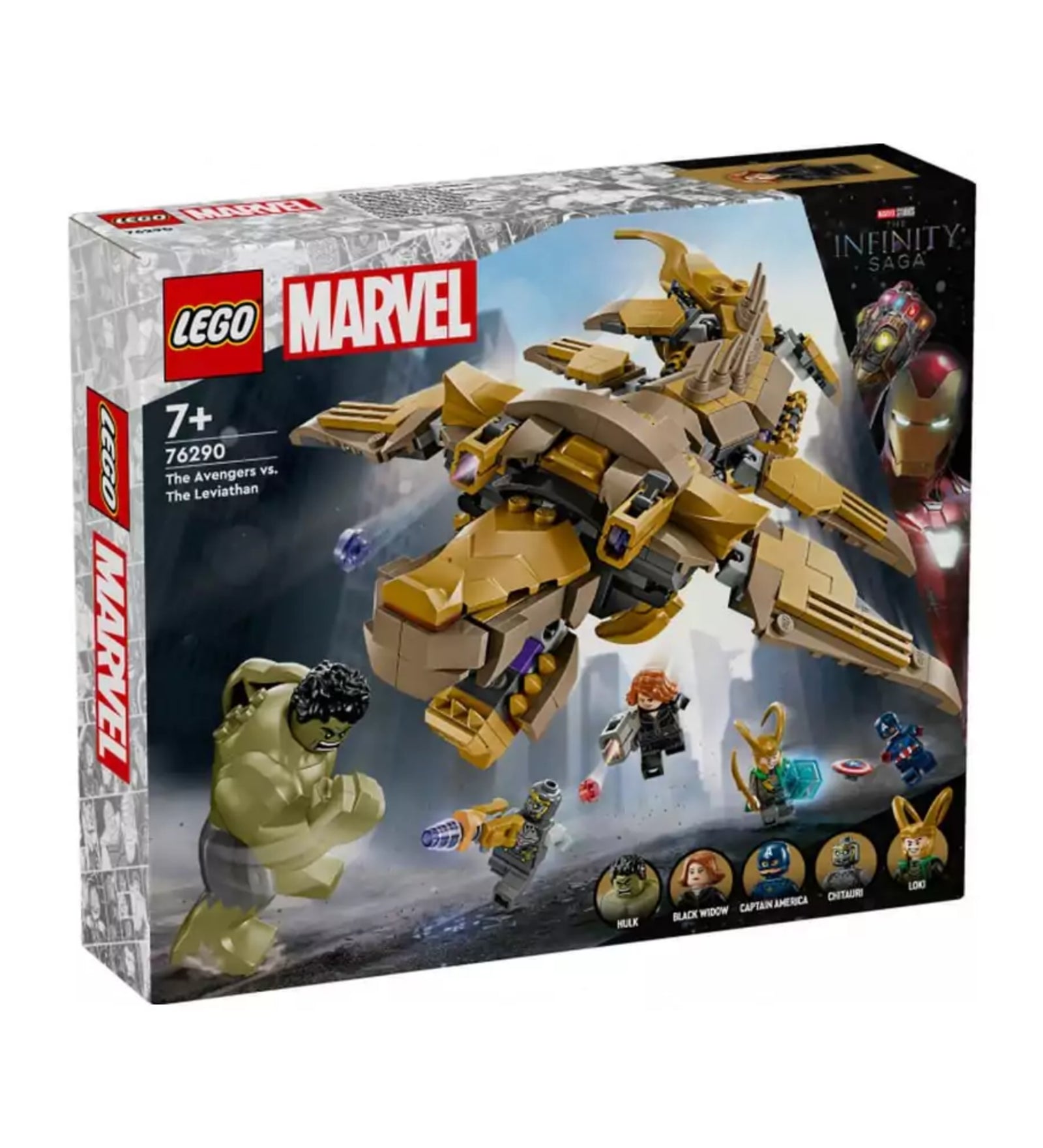 A LEGO Marvel 76290 szett doboza szemből, rajta a Leviatán űrszörny és a Bosszúállók szereplői: Hulk, Fekete Özvegy, Amerika Kapitány, Loki és a chitauri harcos.