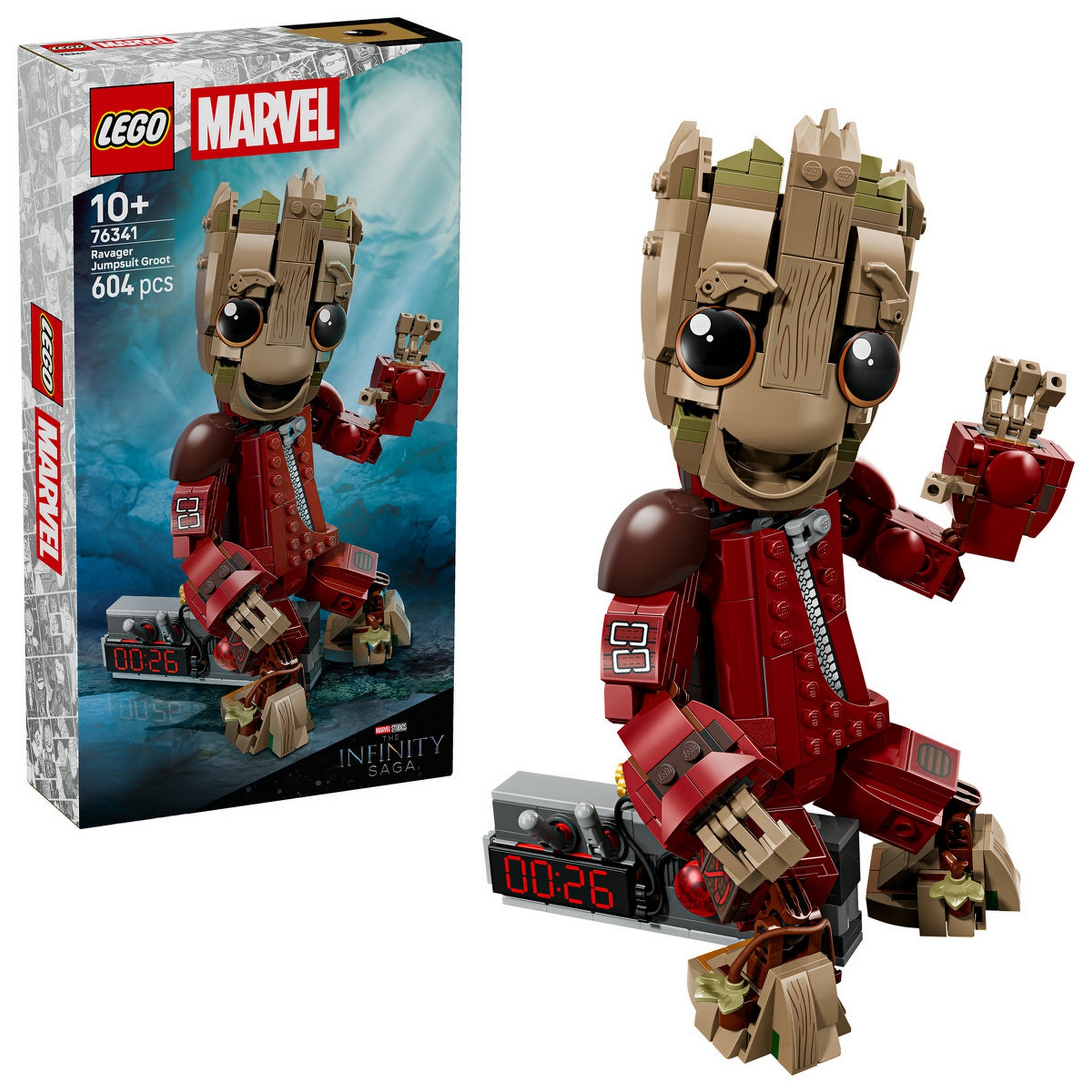 LEGO Marvel Ravager Jumpsuit Groot 76341 készlet doboza és a megépített, piros Ravager űrruhát viselő Groot figura, robbanódetonátor kiegészítővel, Infinity Saga dizájnnal