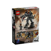 A LEGO Marvel Hadigép robotpáncél (76277) dobozának hátoldala, amelyen a robot funkciói és a minifigura beültetése látható különböző pózokban.