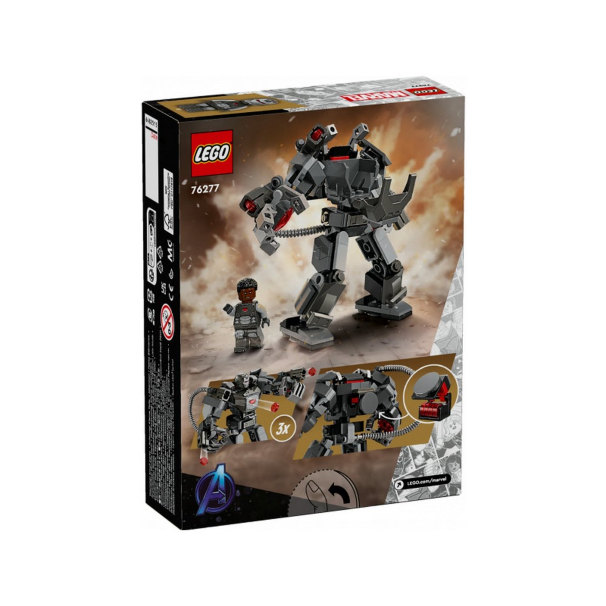 A LEGO Marvel Hadigép robotpáncél (76277) dobozának hátoldala, amelyen a robot funkciói és a minifigura beültetése látható különböző pózokban.