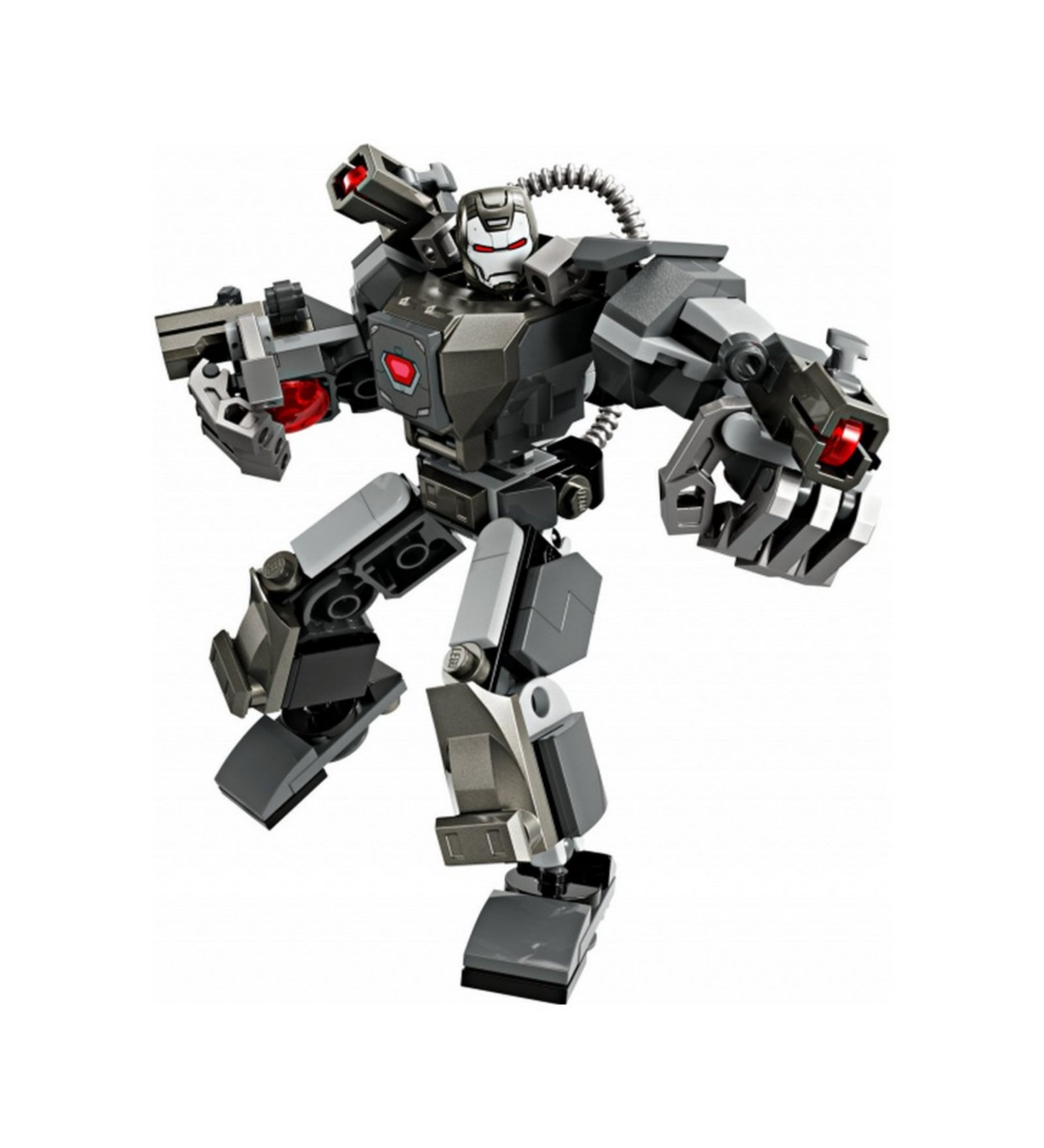 A LEGO Marvel Hadigép robotpáncél (76277) teljes készlete felépítve, rajta a mozgatható végtagokkal ellátott szürke-fekete robotpáncéllal, piros részletekkel és War Machine minifigurával.