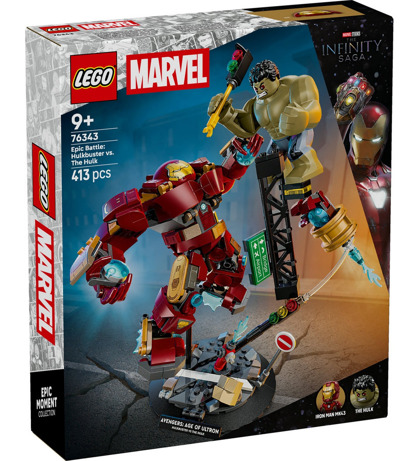 LEGO Marvel Epic Battle: Hulkbuster vs. The Hulk 76343 – elölnézeti dobozkép, látványos Marvel csatajelenettel.