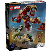 LEGO Marvel Epic Battle: Hulkbuster vs. The Hulk 76343 – a doboz hátoldala, akciófunkciók és a figurák bemutatása.