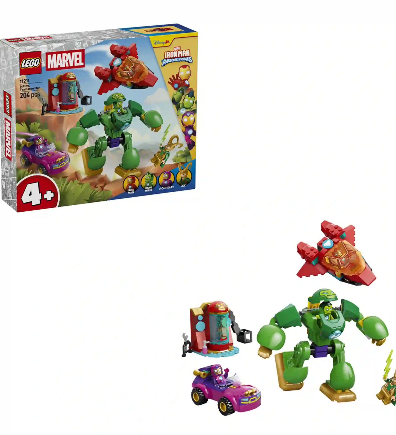 LEGO Marvel Loki vs. Vasember csapat (11211) készlet a dobozzal együtt, Iron Man repülőjével, Iron Hulk zöld páncéljával, Ironheart autójával, Loki figurával és a regenerációs állomással.