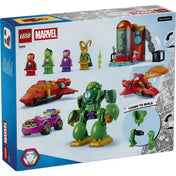 LEGO Marvel Loki vs. Vasember csapat (11211) dobozának hátoldala, bemutatva az Iron Man, Iron Hulk, Ironheart és Loki minifigurákat, a járműveket, valamint az építési funkciókat.