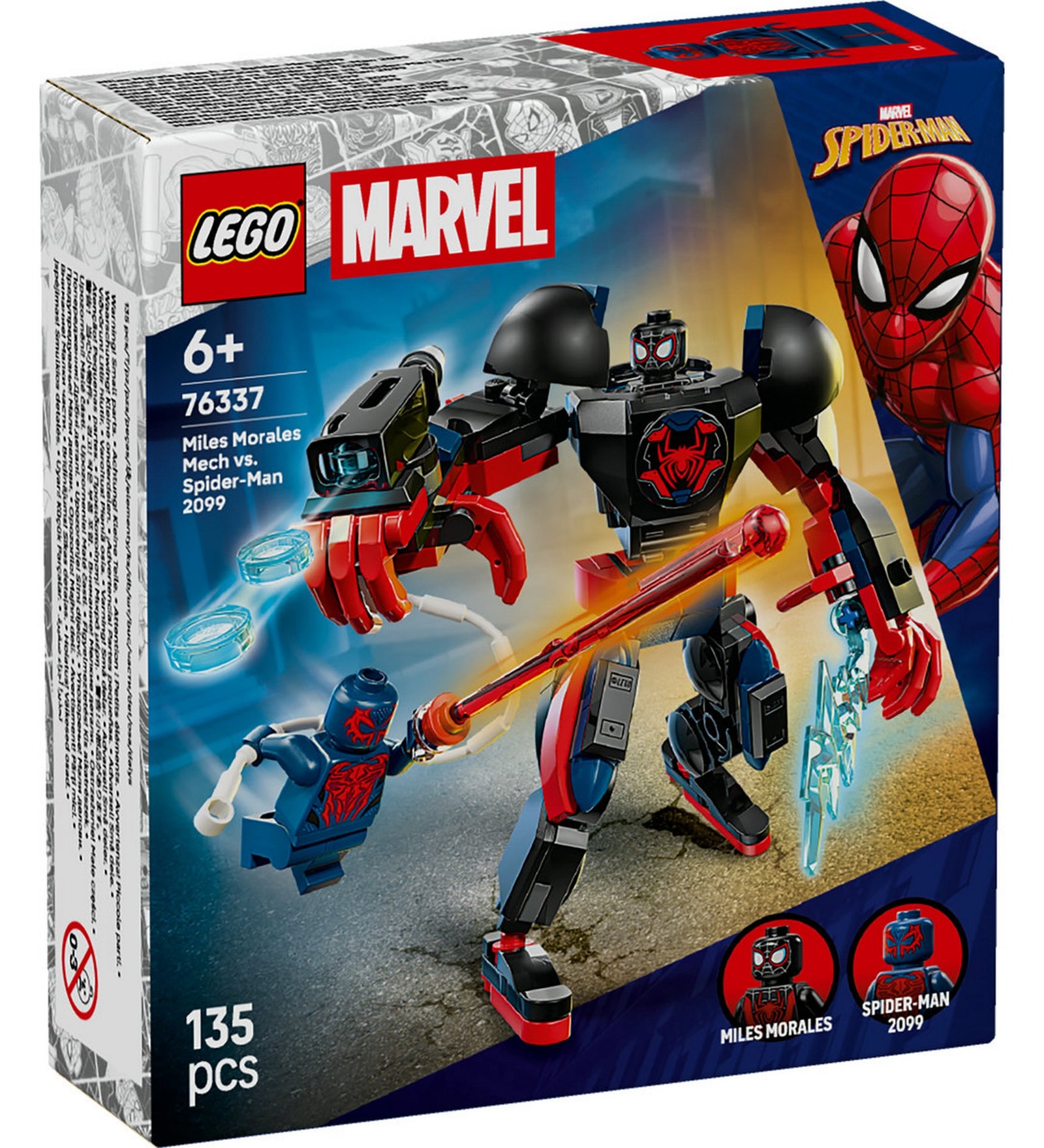 LEGO Marvel Miles Morales Mech vs. Spider-Man 2099 (76337) – Elölnézeti dobozkép, Miles Morales robotja és Spider-Man 2099 akciójelenetben.