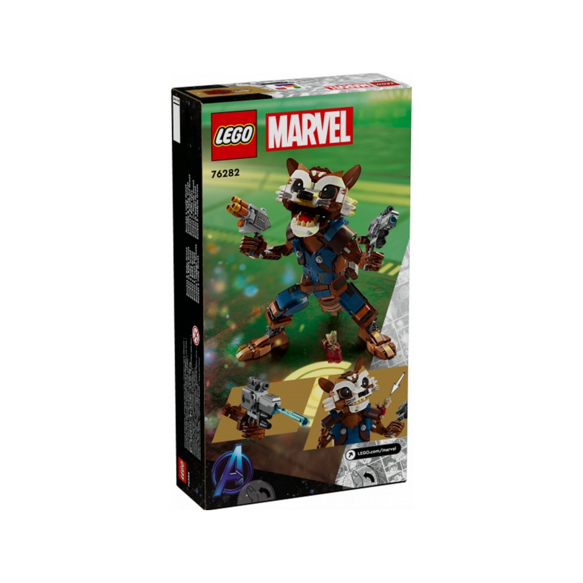 A LEGO Marvel Mordály és Baby Groot (76282) készlet dobozának hátoldala, különféle pózokkal, kiemelve a figura mozgathatóságát és a kis Baby Groot figurát a fő karakter mellett.