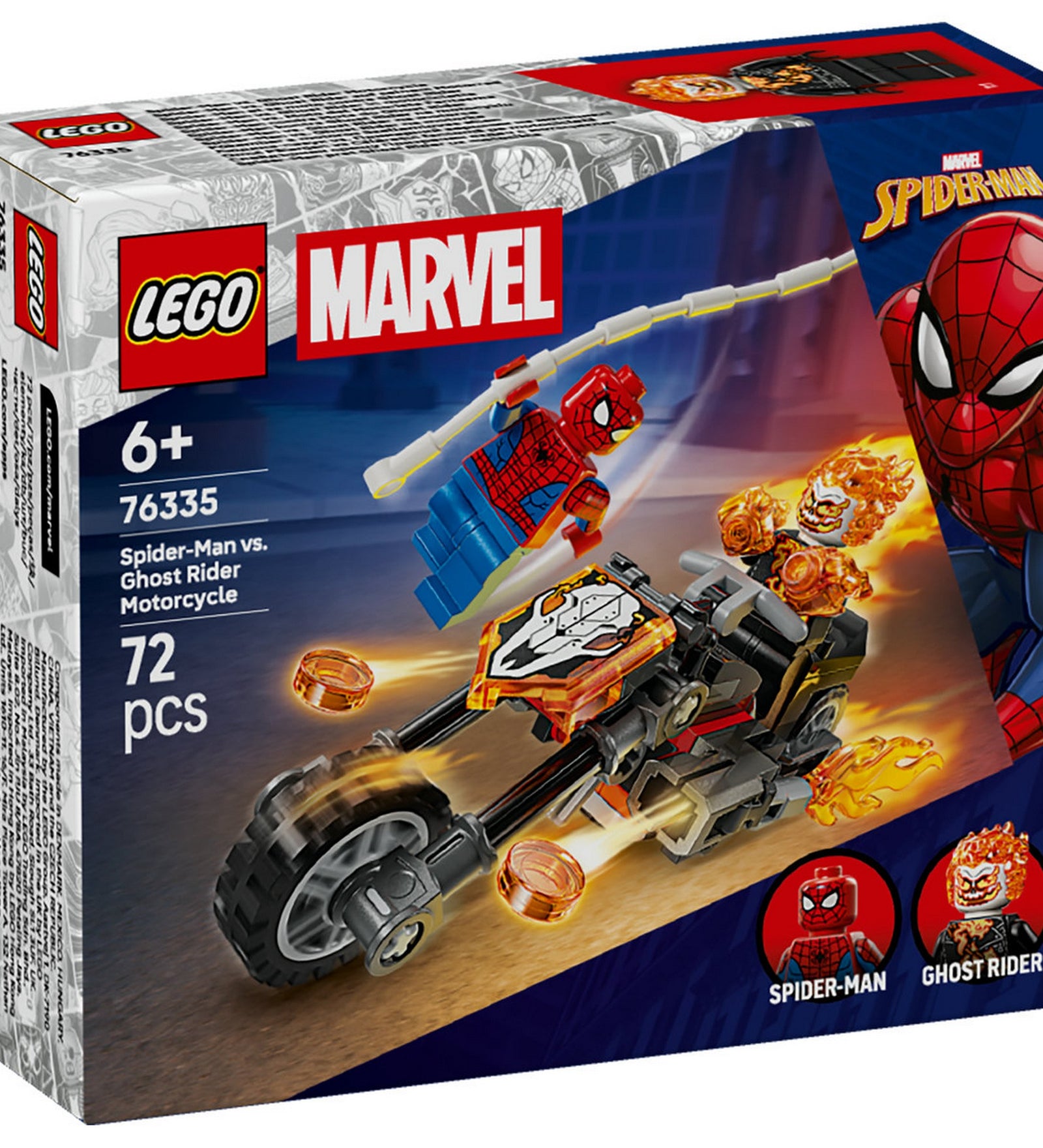 LEGO Marvel Spider-Man vs. Ghost Rider Motorcycle (76335) – A készlet dobozának előlapja, Spider-Man és Ghost Rider lángoló motoros üldözésben.